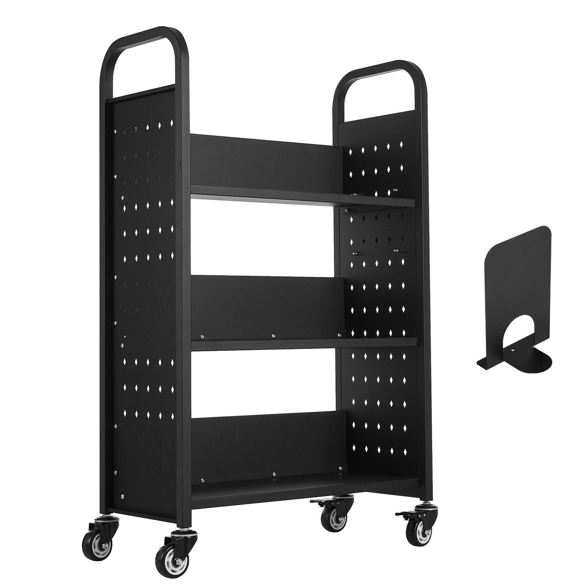 Rolling Library Book Cart, 150 kg Capacity, 77 x 38 x 122 cm Library Cart, Single Sided L-Shaped Shelves with 76.2 mm Lockable Wheels, Book Truck for Home Shelves Office and School, Black