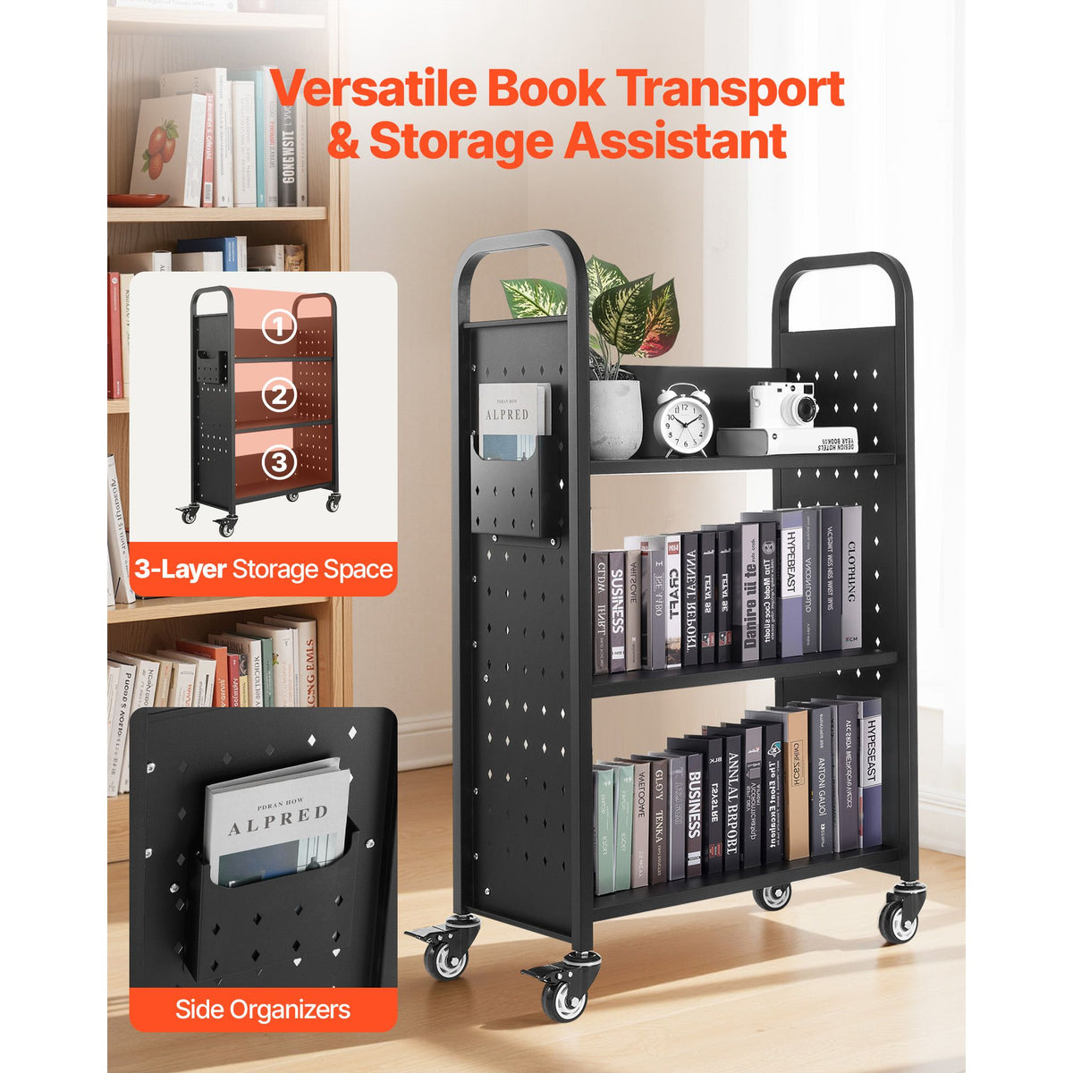 Rolling Library Book Cart, 150 kg Capacity, 77 x 38 x 122 cm Library Cart, Single Sided L-Shaped Shelves with 76.2 mm Lockable Wheels, Book Truck for Home Shelves Office and School, Black