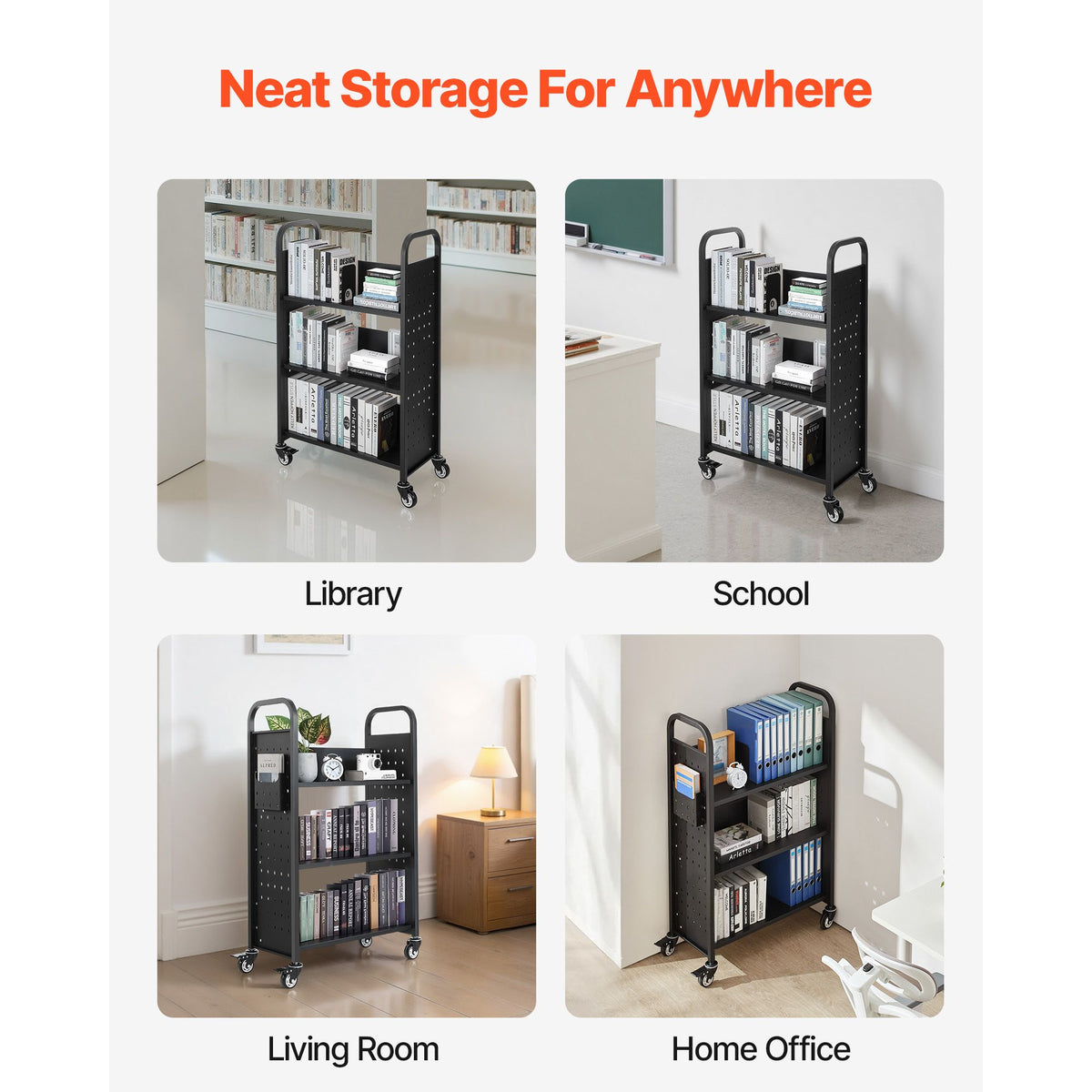Rolling Library Book Cart, 150 kg Capacity, 77 x 38 x 122 cm Library Cart, Single Sided L-Shaped Shelves with 76.2 mm Lockable Wheels, Book Truck for Home Shelves Office and School, Black