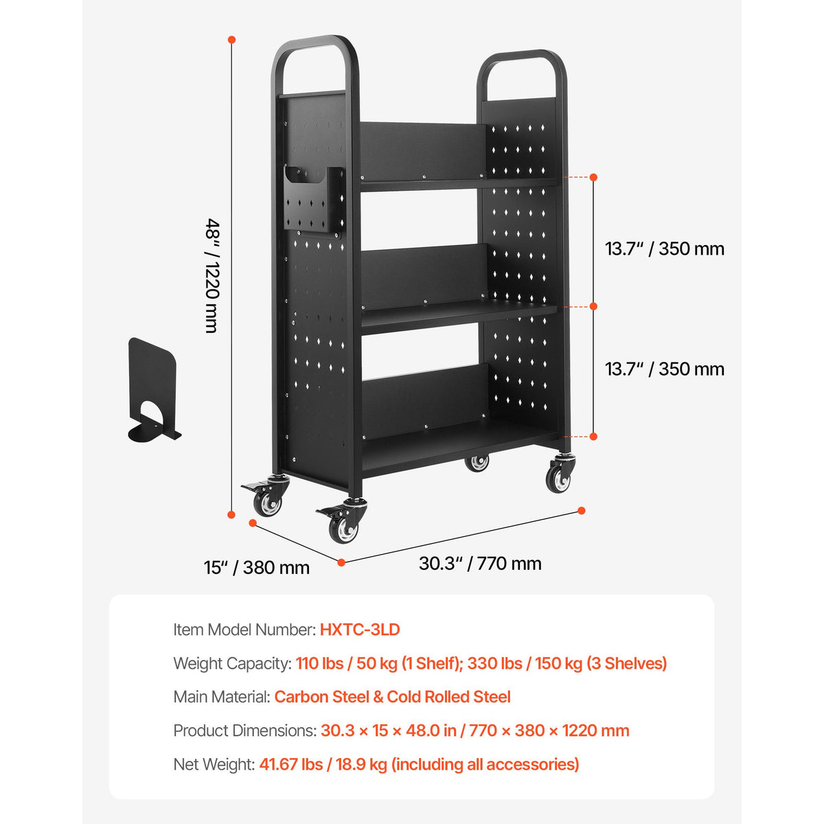Rolling Library Book Cart, 150 kg Capacity, 77 x 38 x 122 cm Library Cart, Single Sided L-Shaped Shelves with 76.2 mm Lockable Wheels, Book Truck for Home Shelves Office and School, Black