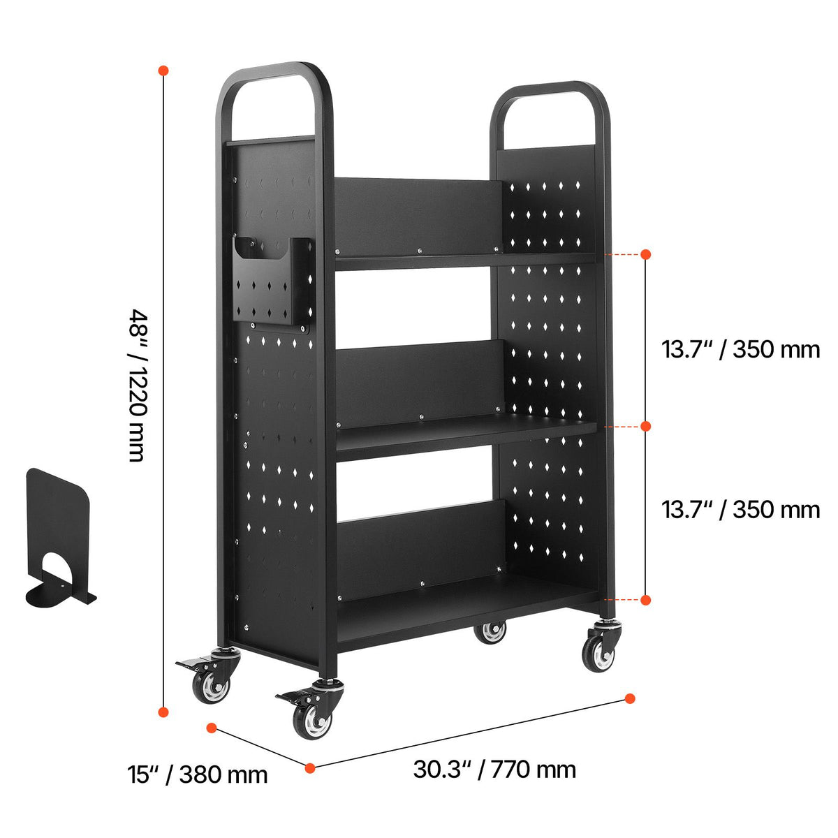 Rolling Library Book Cart, 150 kg Capacity, 77 x 38 x 122 cm Library Cart, Single Sided L-Shaped Shelves with 76.2 mm Lockable Wheels, Book Truck for Home Shelves Office and School, Black