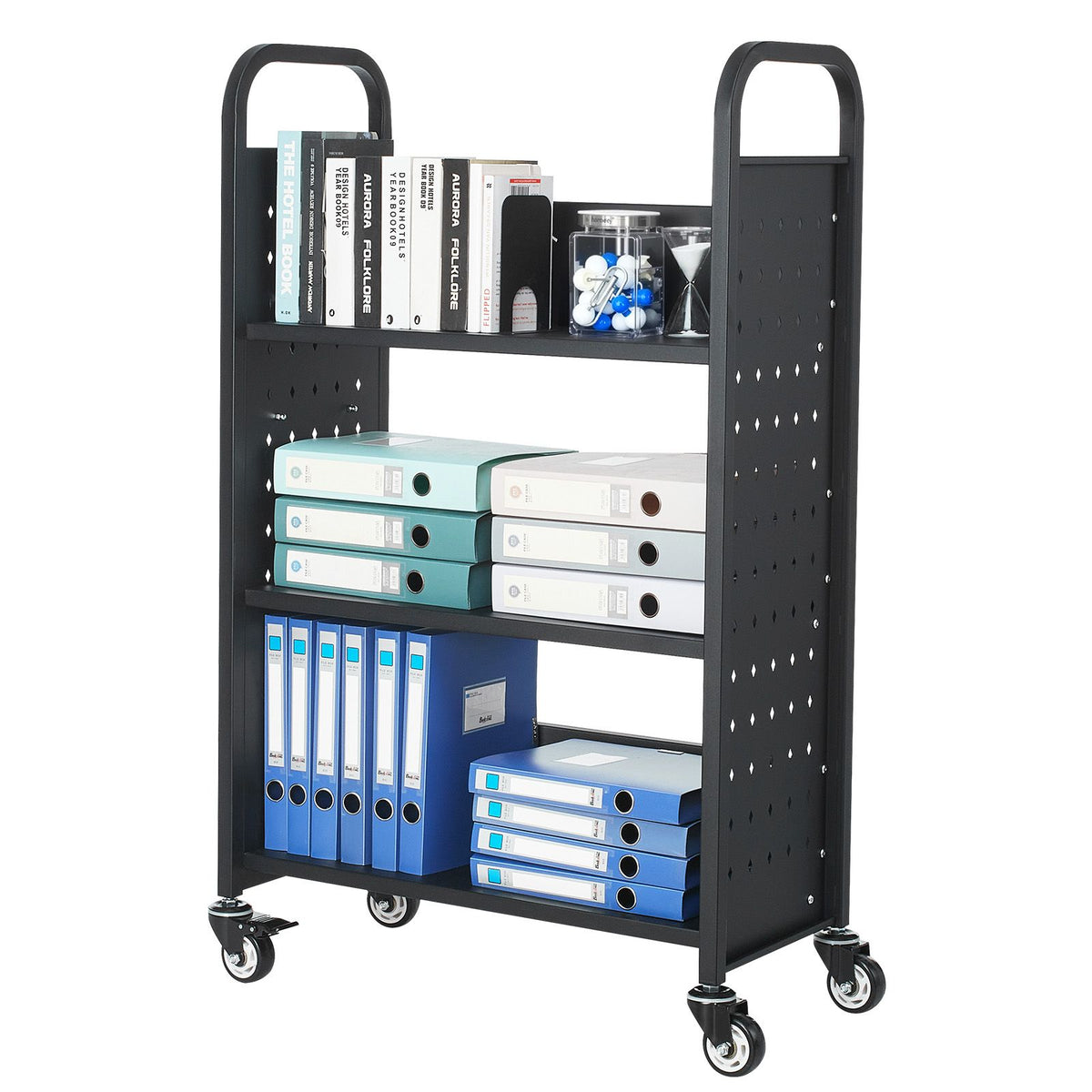 Rolling Library Book Cart, 150 kg Capacity, 77 x 38 x 122 cm Library Cart, Single Sided L-Shaped Shelves with 76.2 mm Lockable Wheels, Book Truck for Home Shelves Office and School, Black