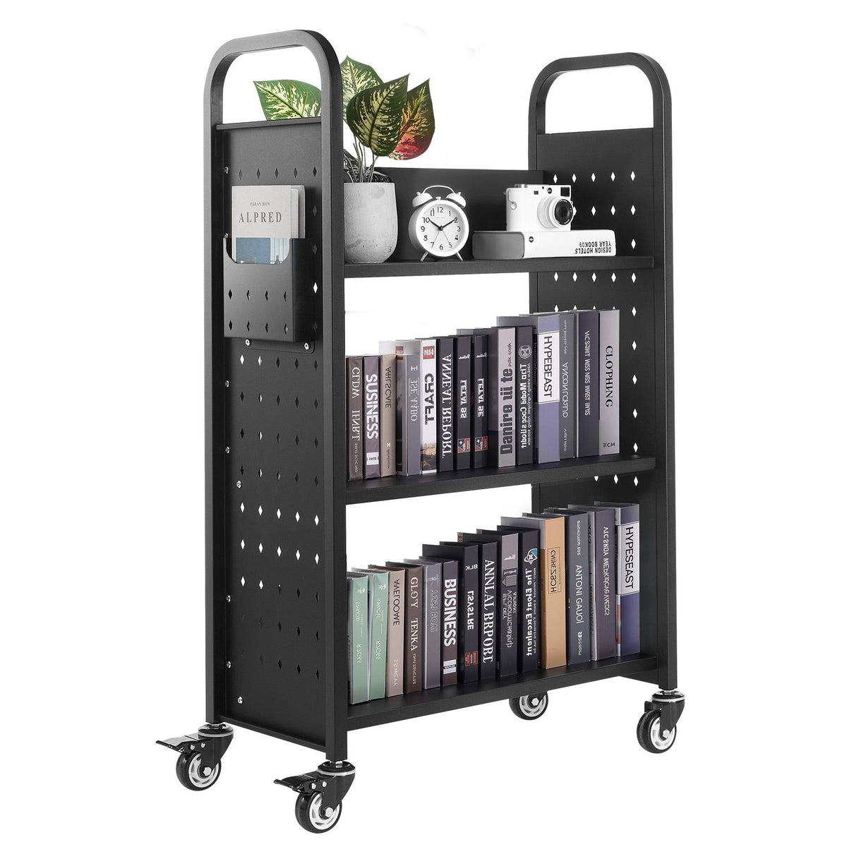Rolling Library Book Cart, 150 kg Capacity, 77 x 38 x 122 cm Library Cart, Single Sided L-Shaped Shelves with 76.2 mm Lockable Wheels, Book Truck for Home Shelves Office and School, Black
