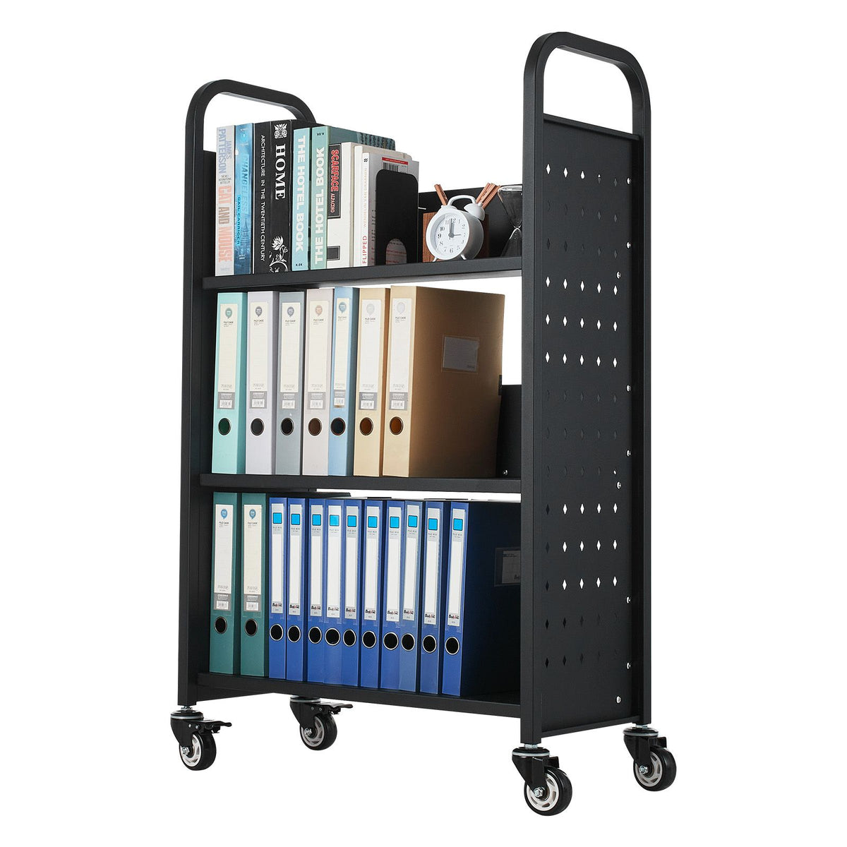 Rolling Library Book Cart, 150 kg Capacity, 77 x 38 x 122 cm Library Cart, Single Sided L-Shaped Shelves with 76.2 mm Lockable Wheels, Book Truck for Home Shelves Office and School, Black