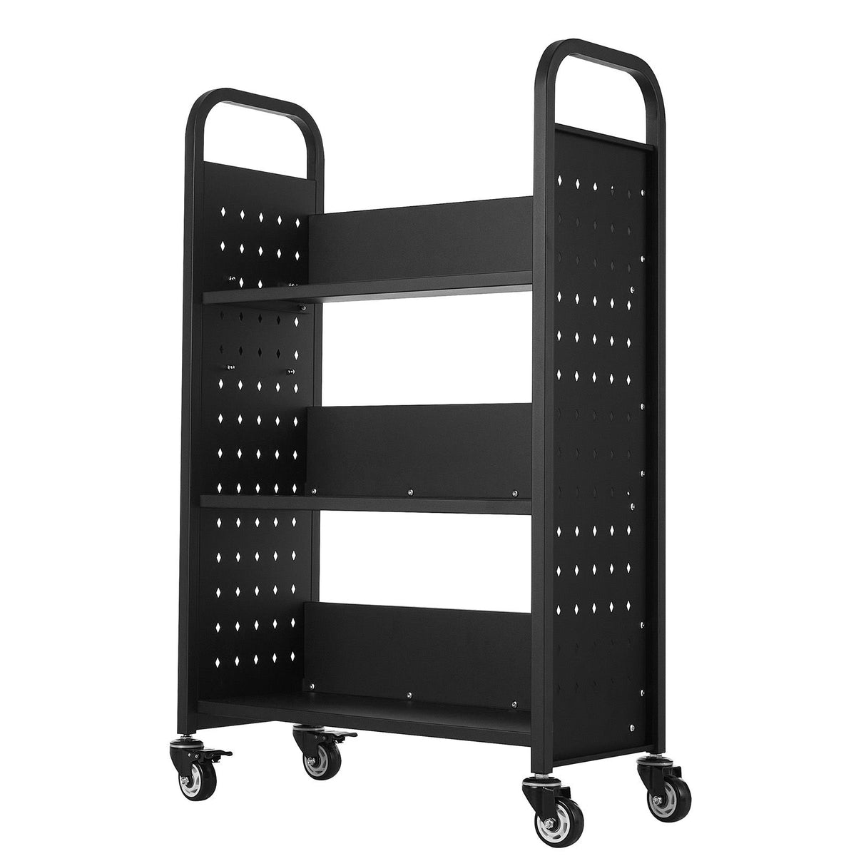 Rolling Library Book Cart, 150 kg Capacity, 77 x 38 x 122 cm Library Cart, Single Sided L-Shaped Shelves with 76.2 mm Lockable Wheels, Book Truck for Home Shelves Office and School, Black