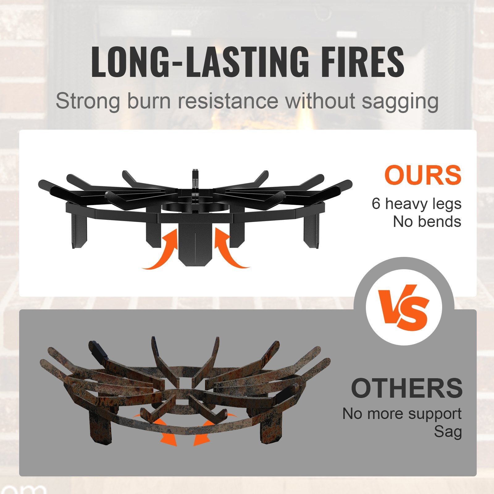 Log Grate, 27 inch Heavy Duty Wheel Fire Grate with 6 Support Legs, Solid Powder-coated Steel Bars, Log Firewood Burning Rack Holder for Wood Stove and Outdoor Camping Fire Pit