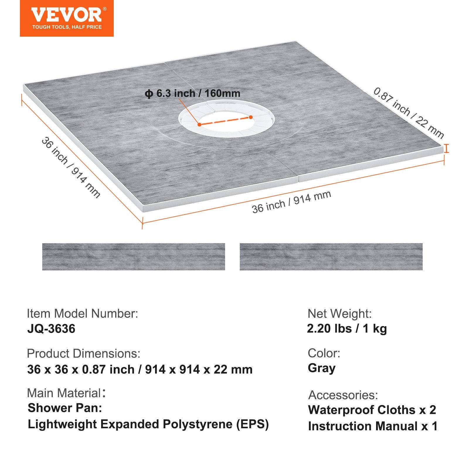 Kitchen & Bathroom DIY: VEVOR Shower Curb Kit, 914x914mm Shower Pan Kit with 160mm Central Drain, Lightweight EPS Shower Installation Kits with 2 Waterproof Cloths, Shower Pan Slope Sticks Fit for Bathroom