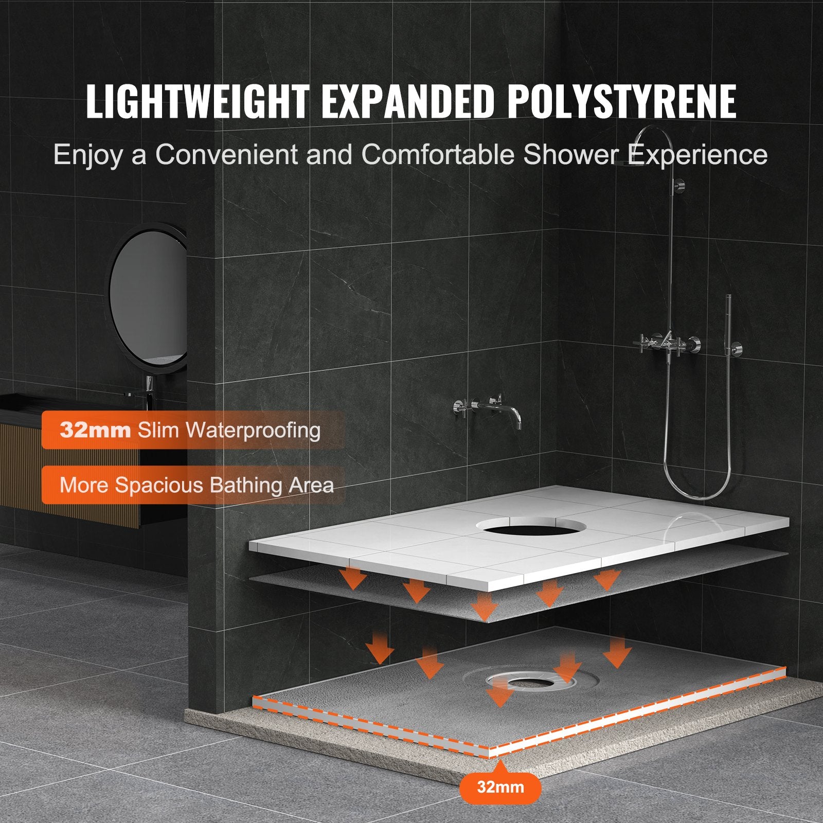 Kitchen & Bathroom DIY: VEVOR Shower Curb Kit, 1219x1828mm Shower Pan Kit with 160mm Central Drain, Lightweight EPS Shower Installation Kits with 2 Waterproof Cloths, Shower Pan Slope Sticks Fit for Bathroom
