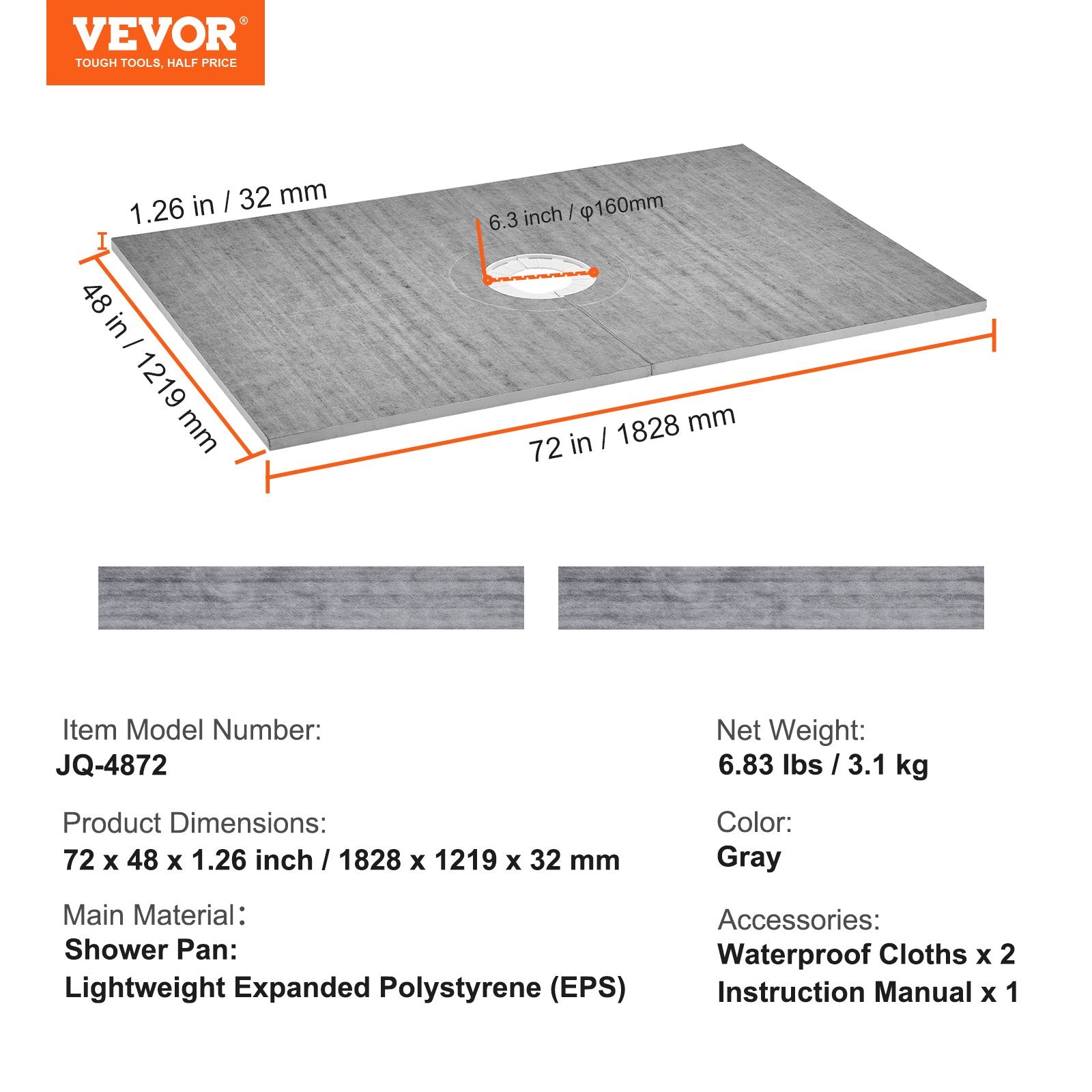 Kitchen & Bathroom DIY: VEVOR Shower Curb Kit, 1219x1828mm Shower Pan Kit with 160mm Central Drain, Lightweight EPS Shower Installation Kits with 2 Waterproof Cloths, Shower Pan Slope Sticks Fit for Bathroom