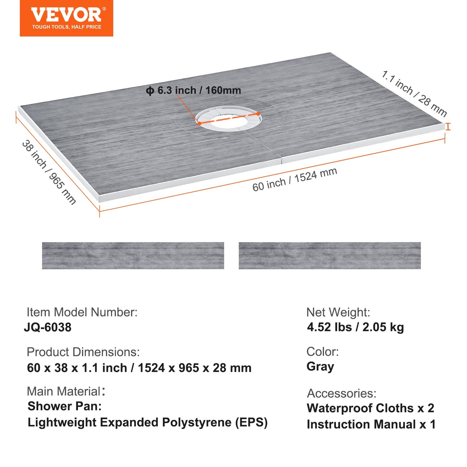 Kitchen & Bathroom DIY: VEVOR Shower Curb Kit, 1524x965mm Shower Pan Kit with 160mm Central Drain, Lightweight EPS Shower Installation Kits with 2 Waterproof Cloths, Shower Pan Slope Sticks Fit for Bathroom