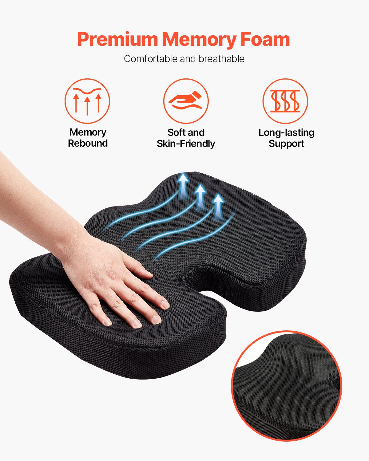 Back Care: VEVOR Seat Cushion, Memory Foam Seat Chair Cushion for Pressure Relief, Soft & Breathable Wheelchair Seat Pad with Removable Cover for Travel, Office, Car, Airplane - Lightweight and Portable