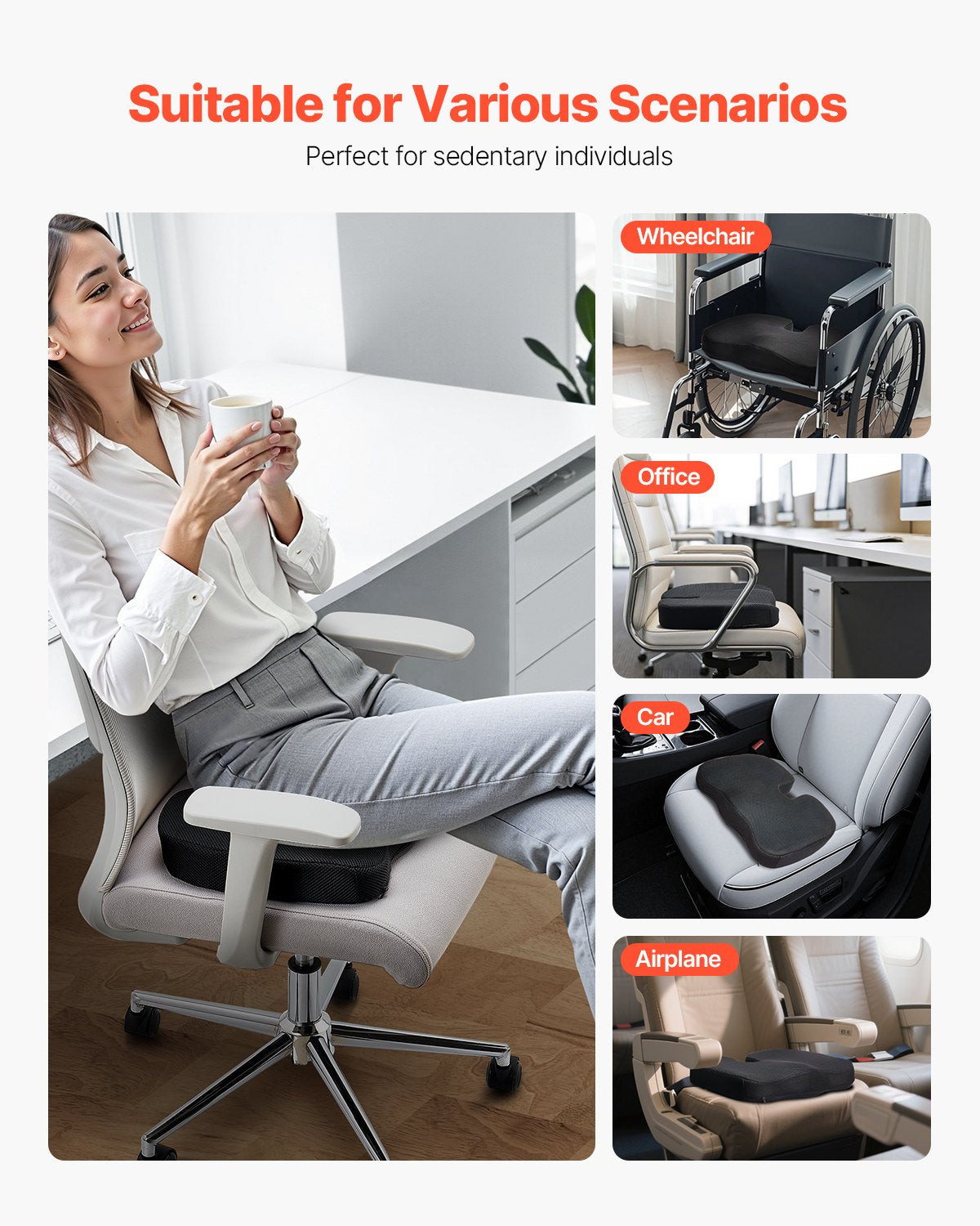 Back Care: VEVOR Seat Cushion, Memory Foam Seat Chair Cushion for Pressure Relief, Soft & Breathable Wheelchair Seat Pad with Removable Cover for Travel, Office, Car, Airplane - Lightweight and Portable