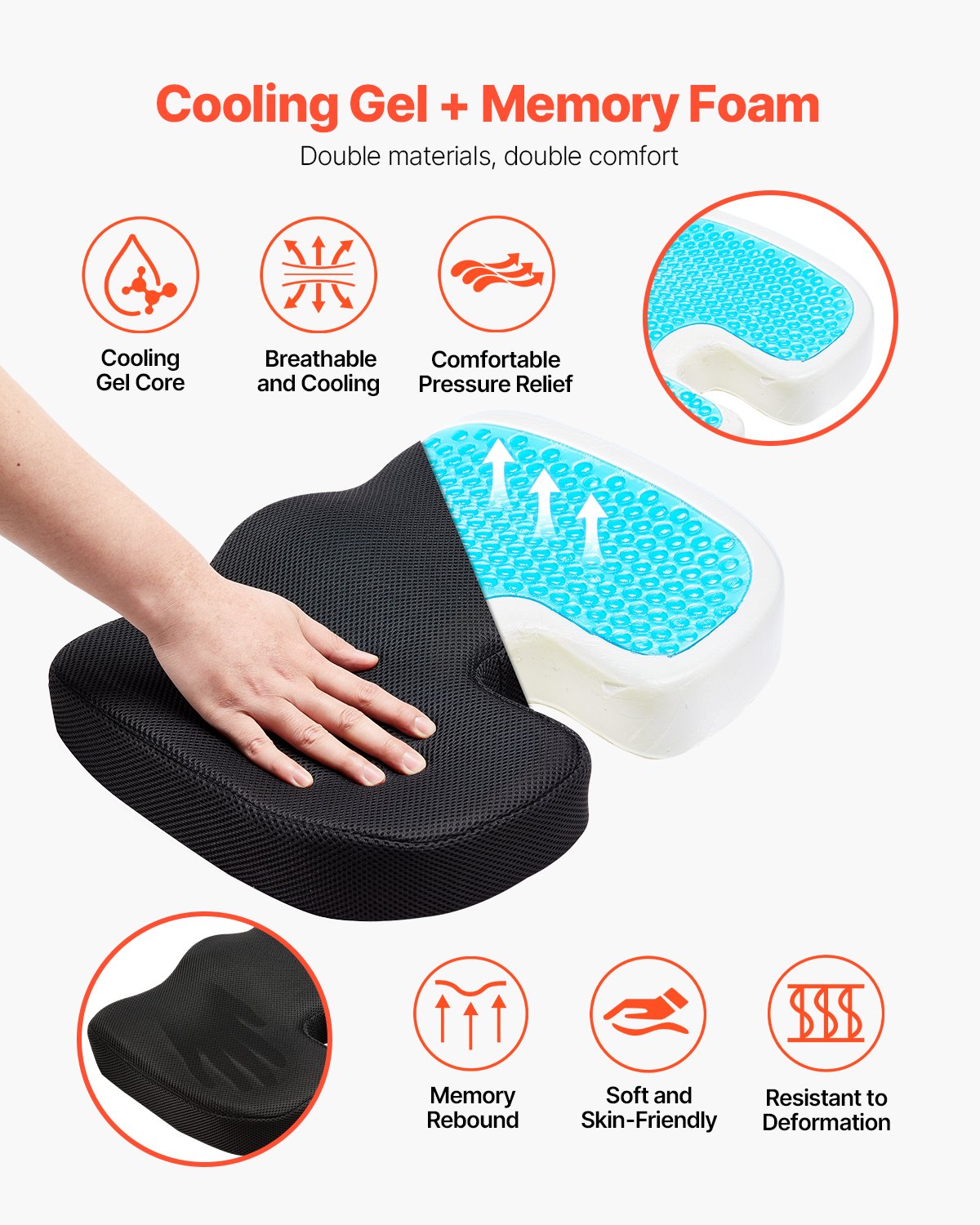 Kid's Tables, Chairs & Seats: VEVOR Seat Cushion, Cooling Gel + Memory Foam Seat Cushion, Pressure-Relief Wheelchair Seat Pad with U-Shaped Cutout & Removable Cover, Lightweight and Portable for Travel, Car, Office, Airplane