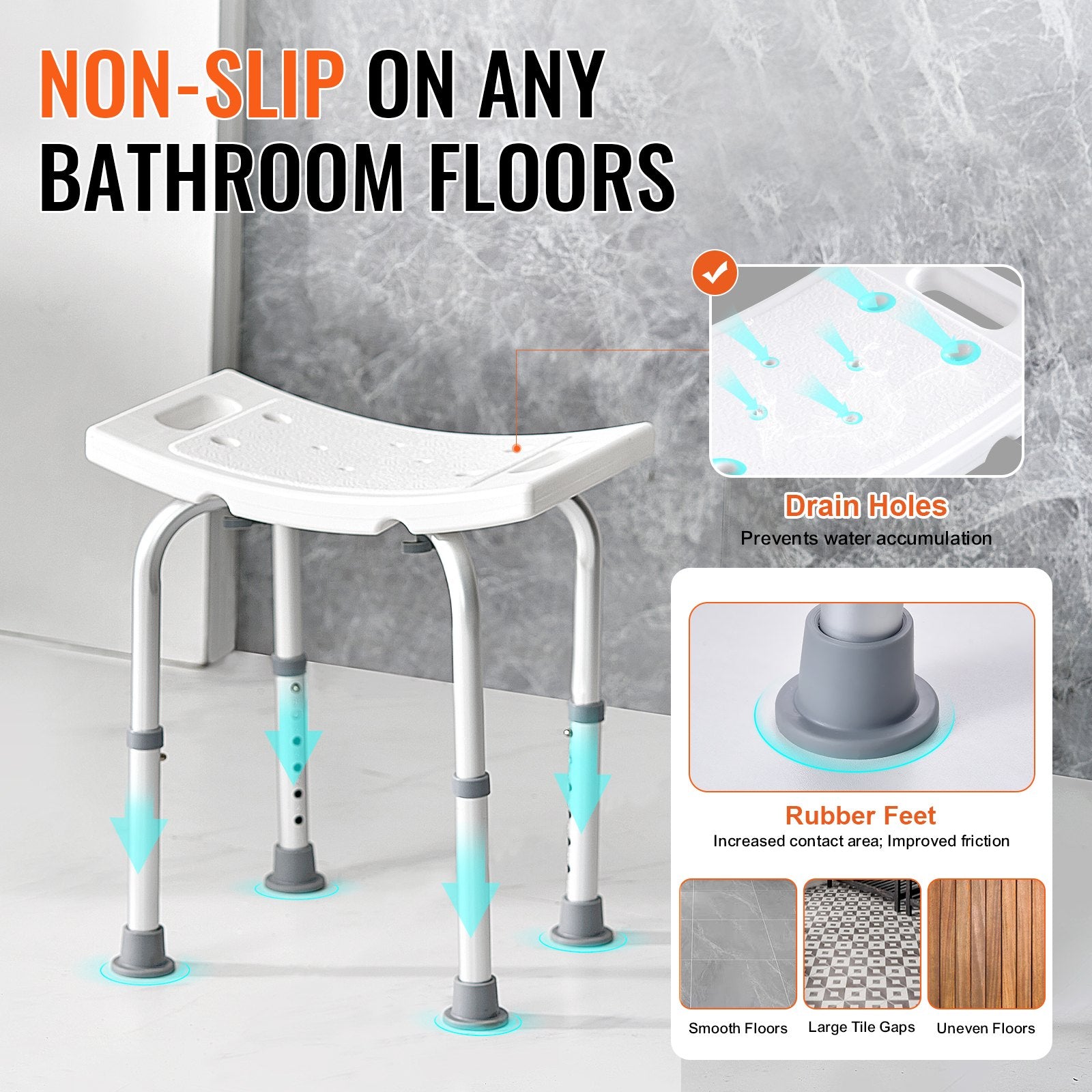 Mobility & Accessibility: VEVOR Shower Chair, Adjustable Height Shower Stool with Built-in Handles, Shower Seat for Inside Shower or Tub, Non-Slip Bench Bathtub Stool Seat for Elderly Disabled Handicap, 158.8 kg Capacity
