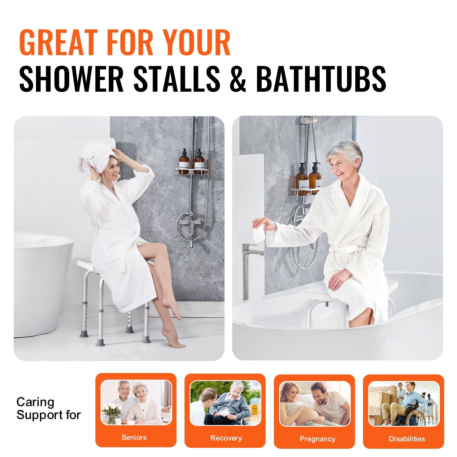 Mobility & Accessibility: VEVOR Shower Chair, Adjustable Height Shower Stool with Built-in Handles, Shower Seat for Inside Shower or Tub, Non-Slip Bench Bathtub Stool Seat for Elderly Disabled Handicap, 158.8 kg Capacity