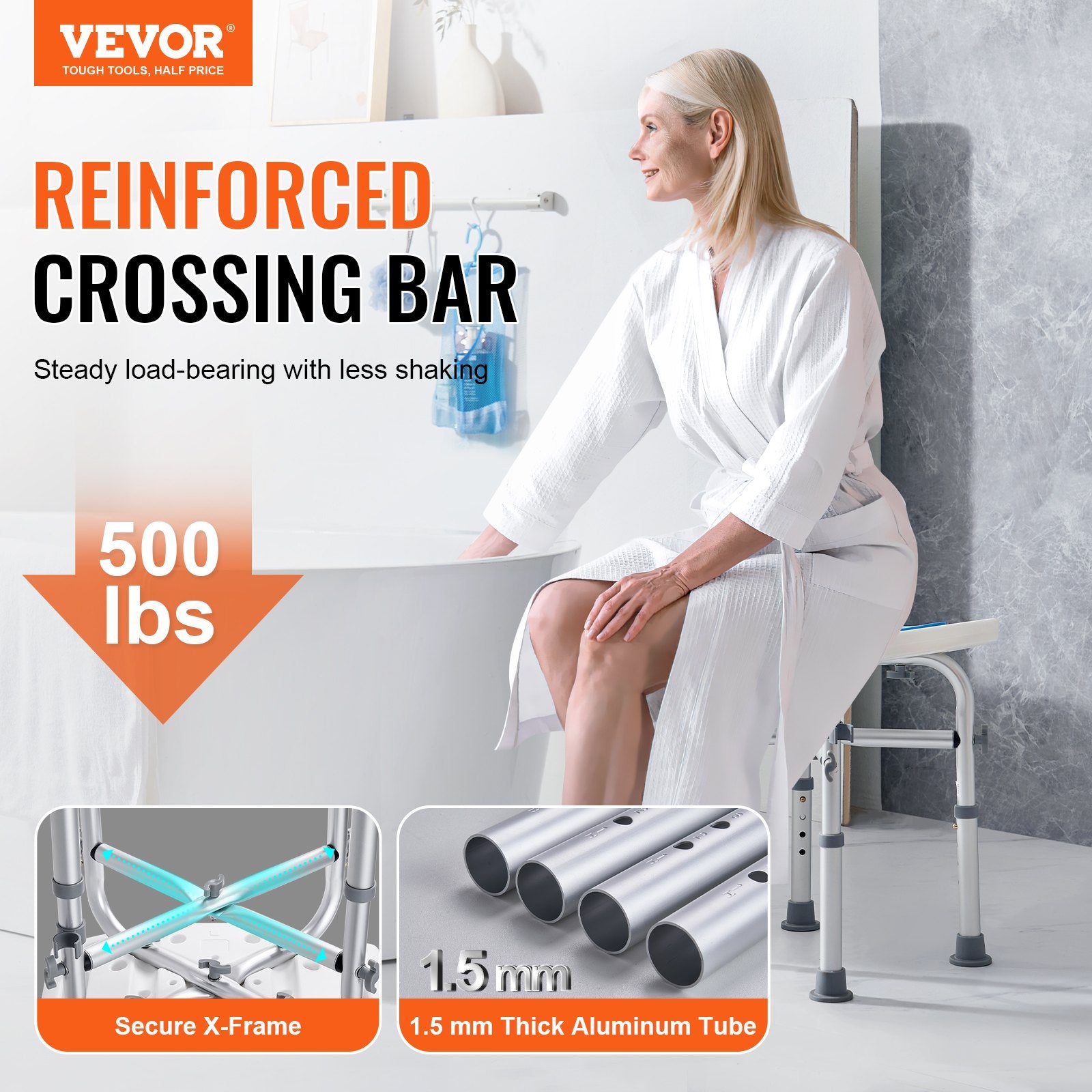 Mobility & Accessibility: VEVOR Shower Chair, Adjustable Height Shower Stool with Crossbar Support, Shower Seat for Inside Shower or Tub, Non-Slip Bench Bathtub Stool Seat for Elderly Disabled Handicap, 226.8 kg Capacity