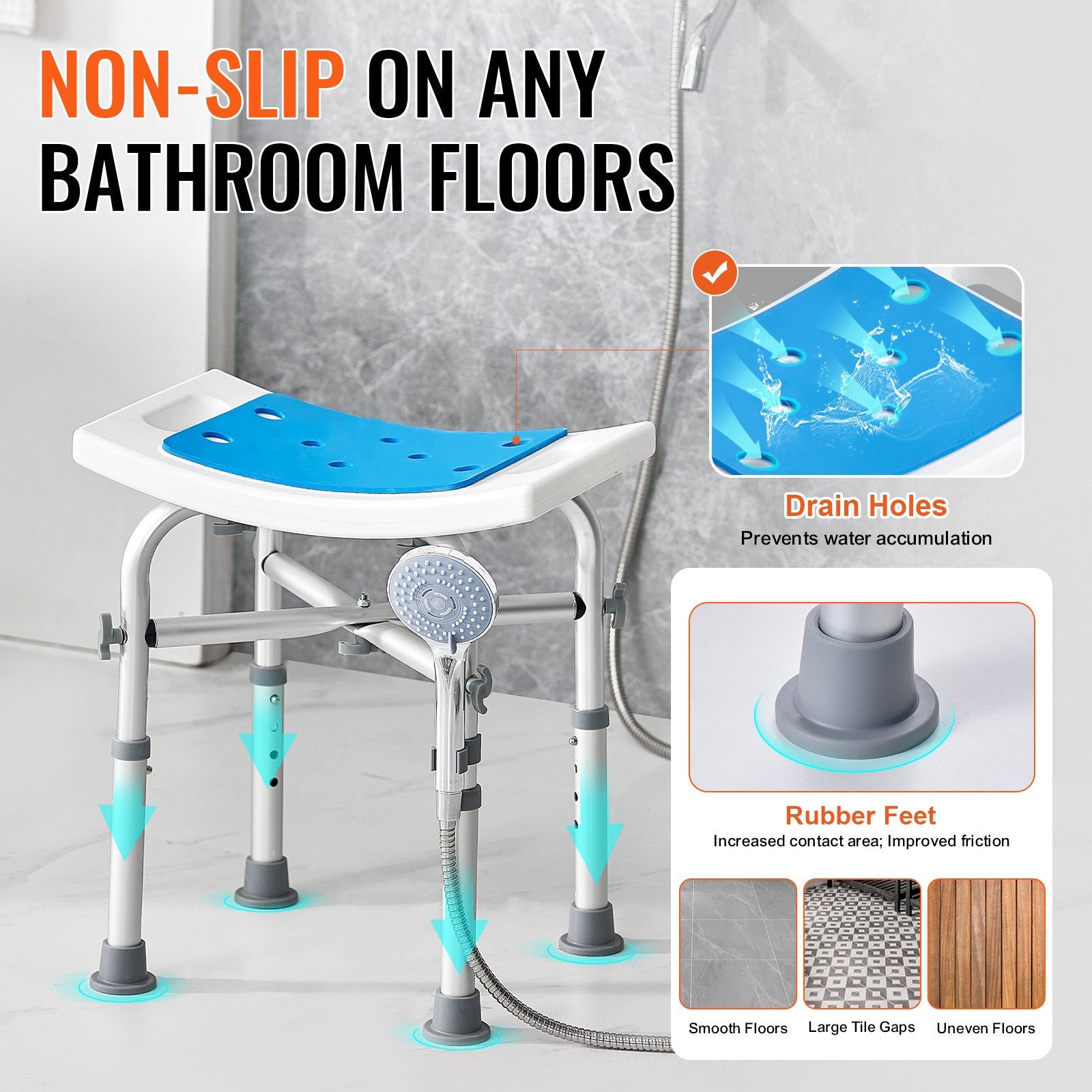 Mobility & Accessibility: VEVOR Shower Chair, Adjustable Height Shower Stool with Crossbar Support, Shower Seat for Inside Shower or Tub, Non-Slip Bench Bathtub Stool Seat for Elderly Disabled Handicap, 226.8 kg Capacity