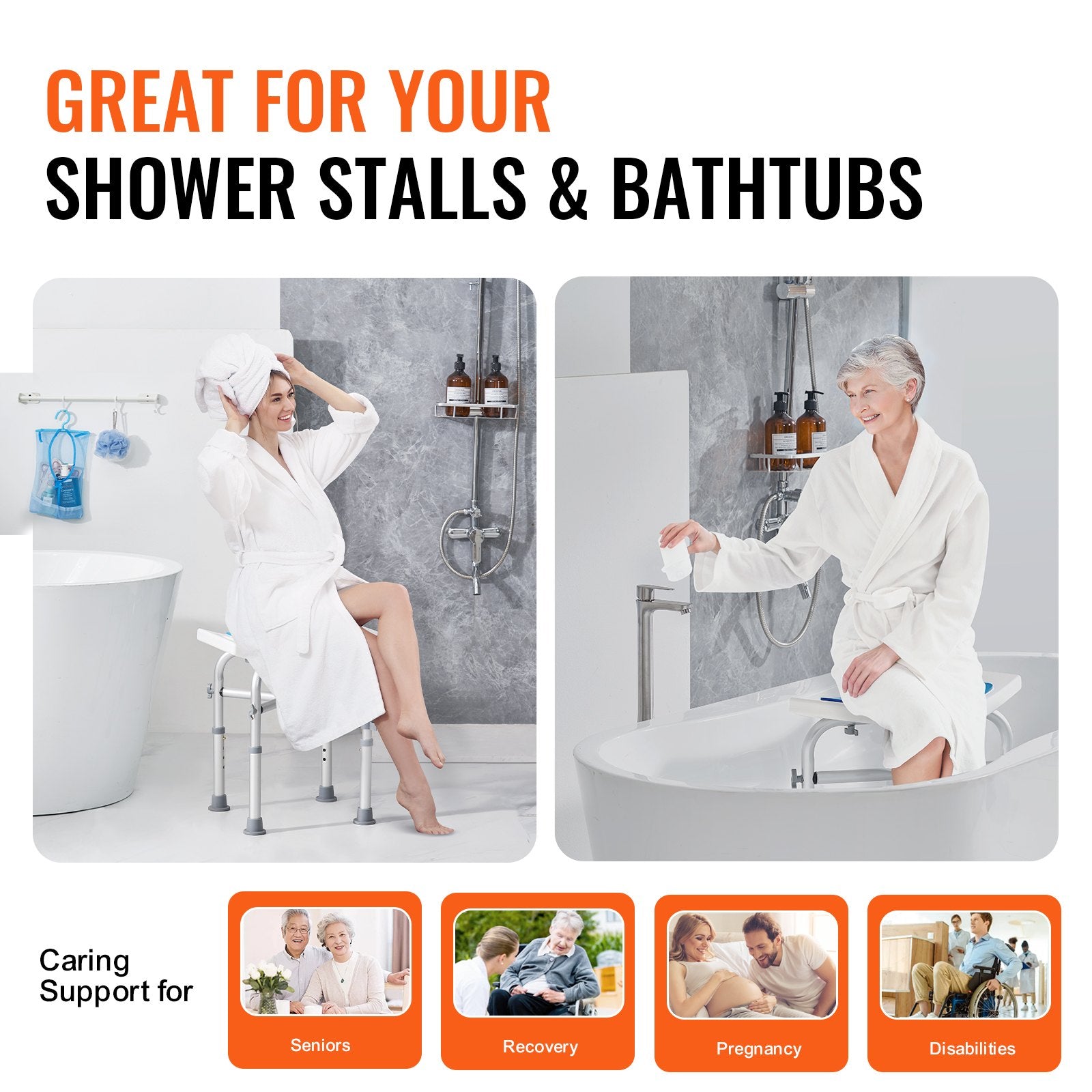 Mobility & Accessibility: VEVOR Shower Chair, Adjustable Height Shower Stool with Crossbar Support, Shower Seat for Inside Shower or Tub, Non-Slip Bench Bathtub Stool Seat for Elderly Disabled Handicap, 226.8 kg Capacity