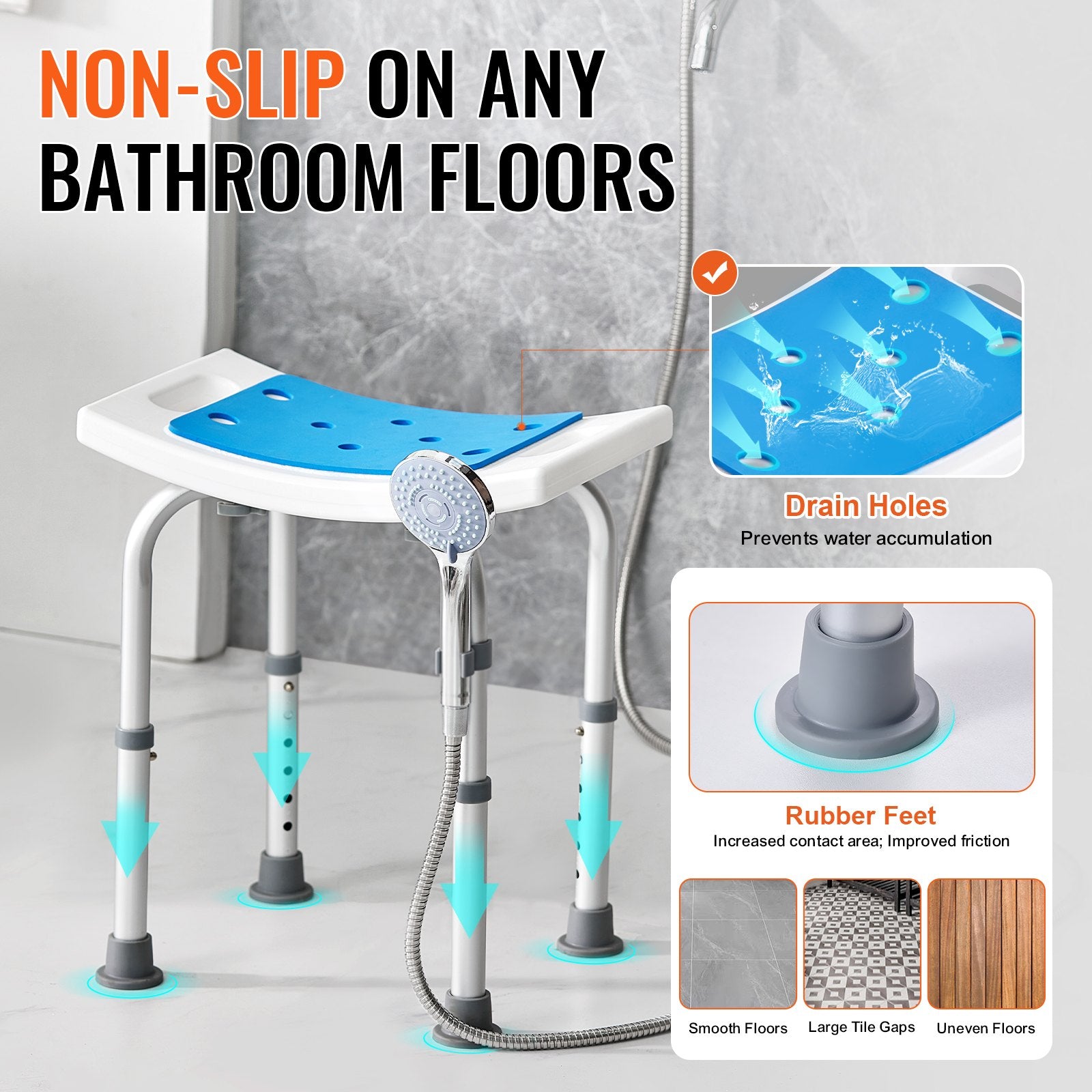 Mobility & Accessibility: VEVOR Shower Chair, Adjustable Height Shower Stool, Shower Seat for Inside Shower or Tub, Non-Slip Bench Bathtub Stool Seat for Elderly Disabled Handicap, 158.8 kg Capacity