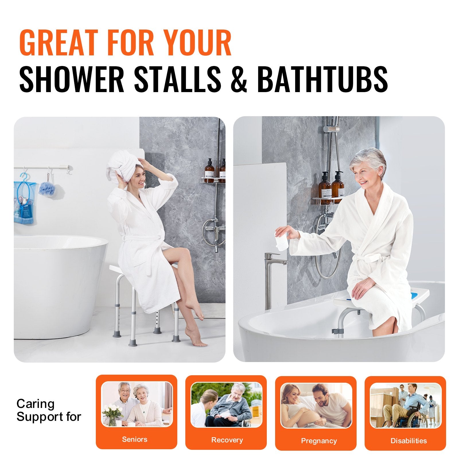 Mobility & Accessibility: VEVOR Shower Chair, Adjustable Height Shower Stool, Shower Seat for Inside Shower or Tub, Non-Slip Bench Bathtub Stool Seat for Elderly Disabled Handicap, 158.8 kg Capacity