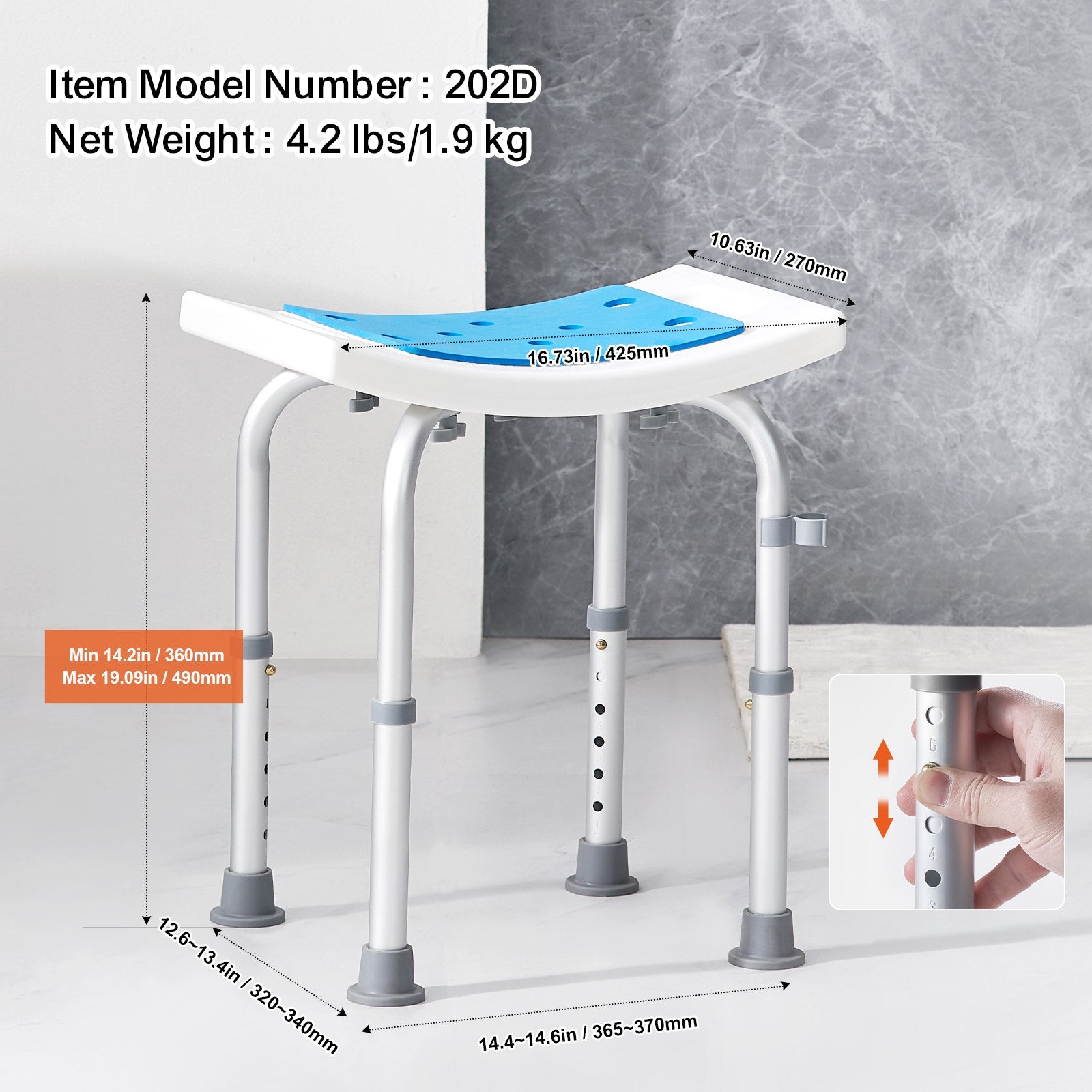 Mobility & Accessibility: VEVOR Shower Chair, Adjustable Height Shower Stool, Shower Seat for Inside Shower or Tub, Non-Slip Bench Bathtub Stool Seat for Elderly Disabled Handicap, 158.8 kg Capacity