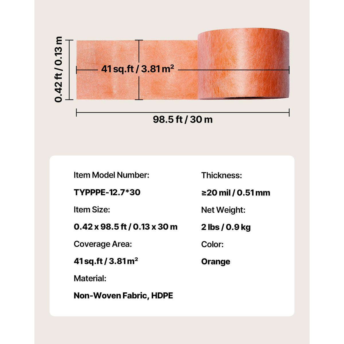 Waterproof Membrane for Shower, 0.13 x 30 m 3.84 m² Waterproofing Tile Membrane, 0.5mm Thick Polyethylene Fabric Roll, Easy to Cut for Bathroom, Kitchen, Sauna, Corners, Niches, Tile Joints