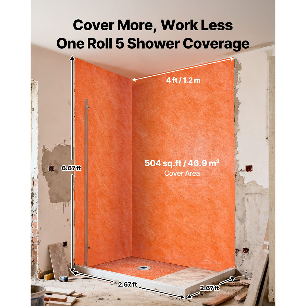 Waterproof Membrane for Shower, 1.2 x 40 m 46.45 m² Waterproofing Tile Membrane, 0.5mm Thickness Polyethylene Fabric Roll, Easy to Cut for Bathroom, Kitchen, Sauna, Walls, Underlayment