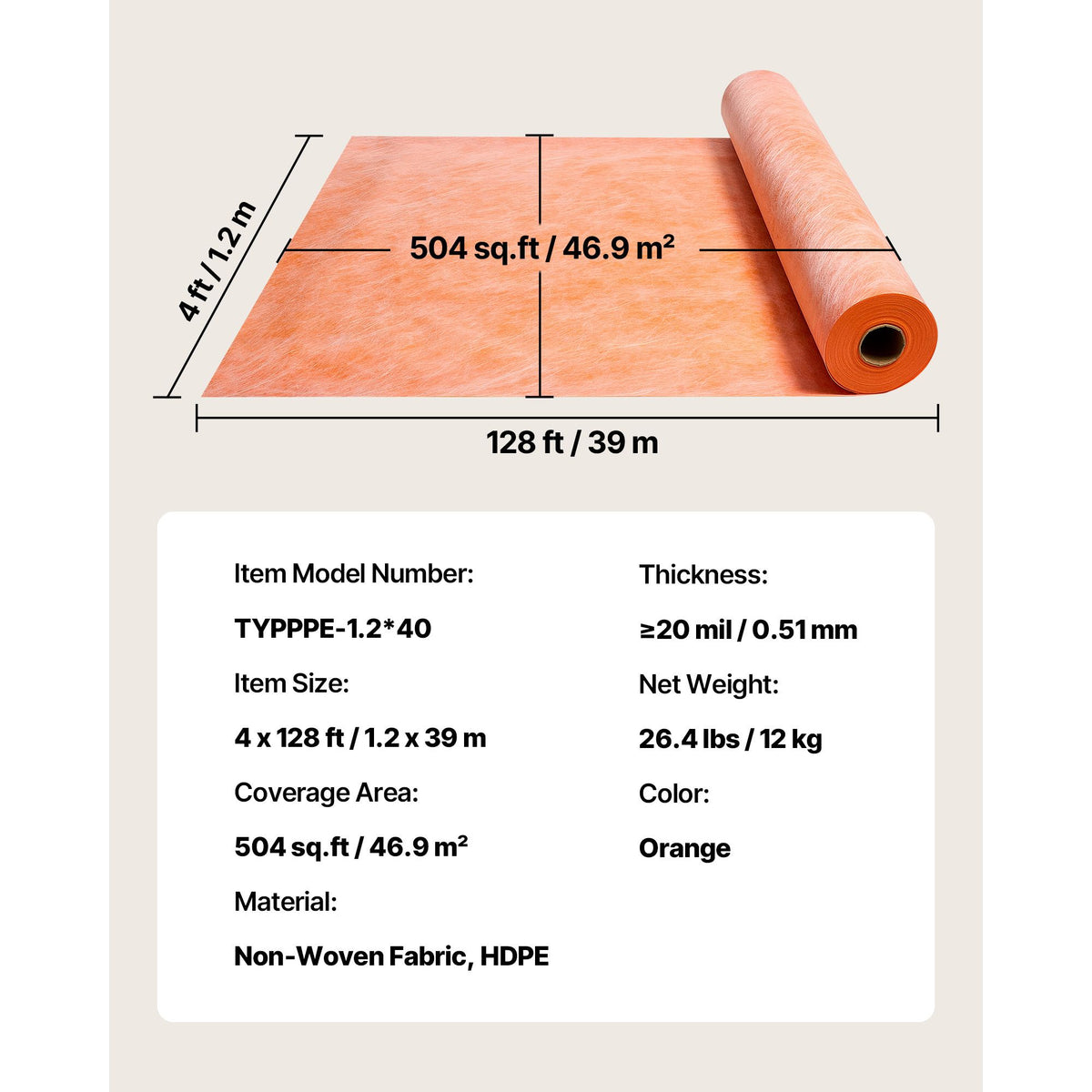 Waterproof Membrane for Shower, 1.2 x 40 m 46.45 m² Waterproofing Tile Membrane, 0.5mm Thickness Polyethylene Fabric Roll, Easy to Cut for Bathroom, Kitchen, Sauna, Walls, Underlayment