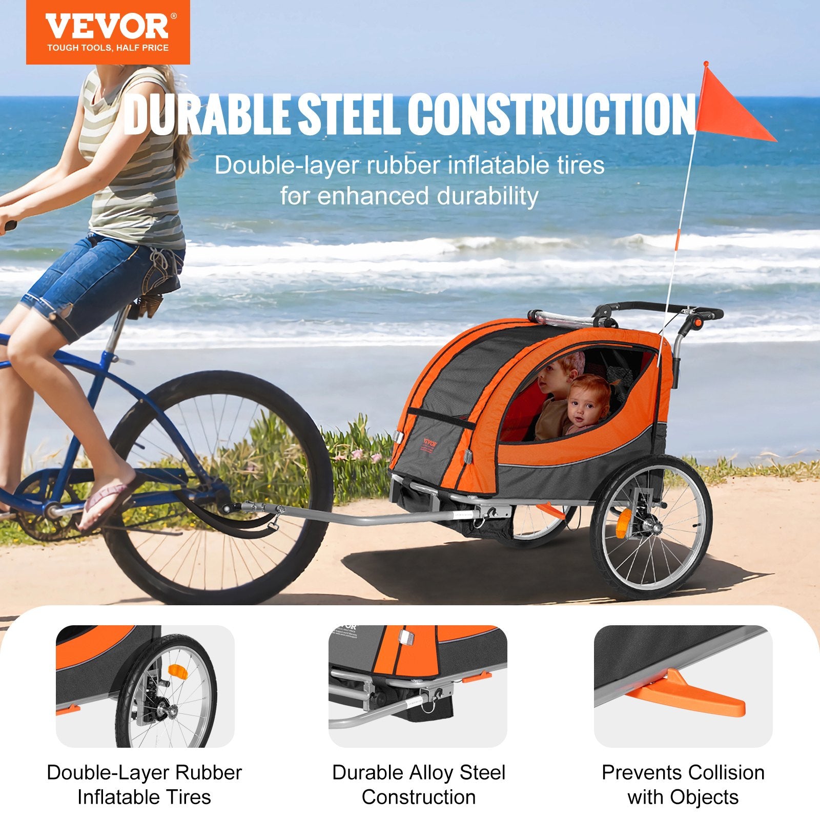 Bicycle Stands & Storage: VEVOR Bike Trailer for Toddlers, Kids, Double Seat, 40 kg Load, 2-In-1 Canopy Carrier Converts to Stroller, Tow Behind Foldable Child Bicycle Trailer with Universal Bicycle Coupler, Orange and Gray
