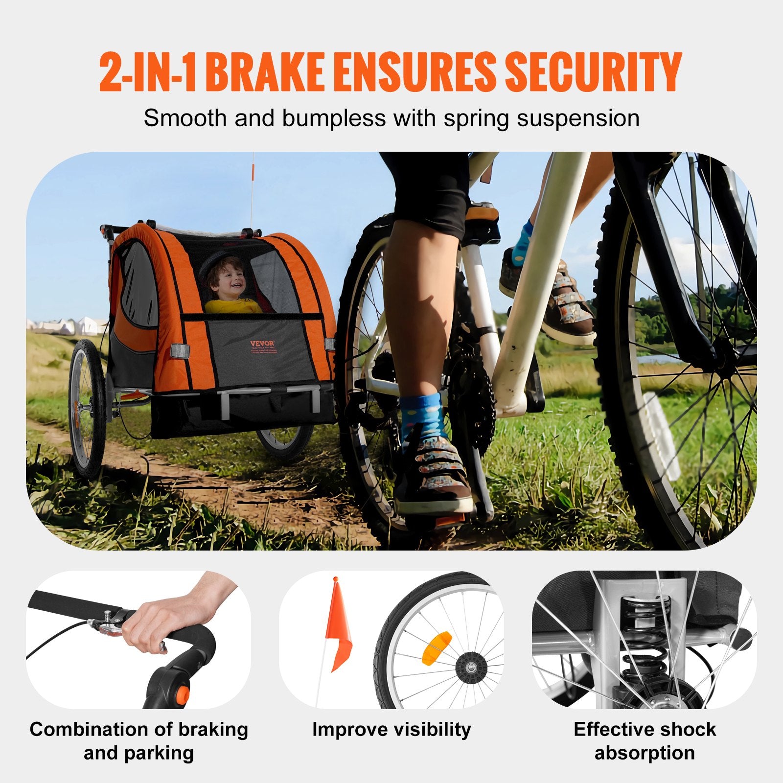 Bicycle Stands & Storage: VEVOR Bike Trailer for Toddlers, Kids, Double Seat, 40 kg Load, 2-In-1 Canopy Carrier Converts to Stroller, Tow Behind Foldable Child Bicycle Trailer with Universal Bicycle Coupler, Orange and Gray