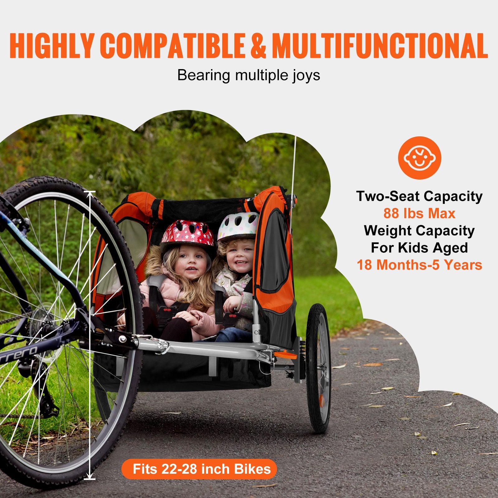 Bicycle Stands & Storage: VEVOR Bike Trailer for Toddlers, Kids, Double Seat, 40 kg Load, 2-In-1 Canopy Carrier Converts to Stroller, Tow Behind Foldable Child Bicycle Trailer with Universal Bicycle Coupler, Orange and Gray