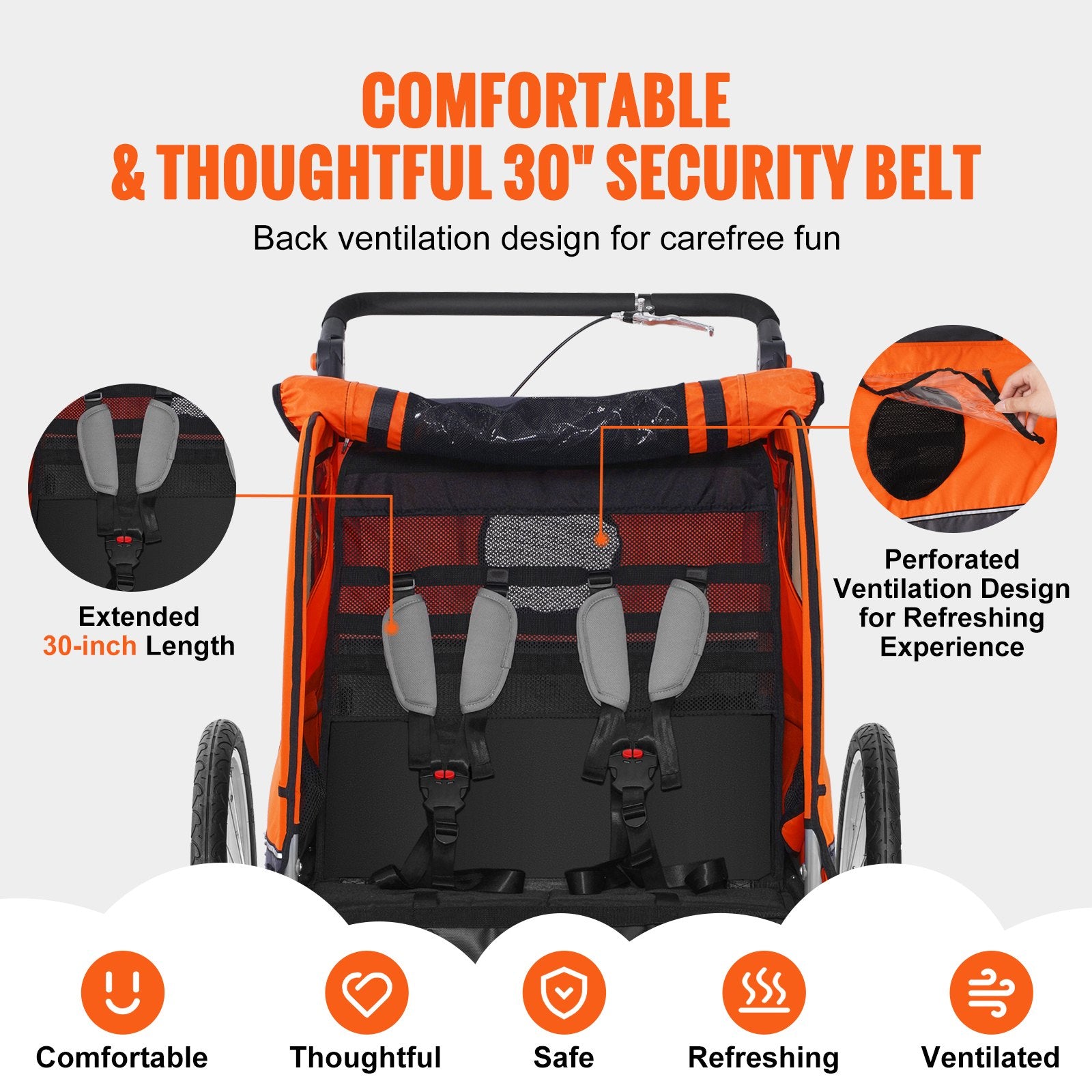Bicycle Stands & Storage: VEVOR Bike Trailer for Toddlers, Kids, Double Seat, 40 kg Load, 2-In-1 Canopy Carrier Converts to Stroller, Tow Behind Foldable Child Bicycle Trailer with Universal Bicycle Coupler, Orange and Gray