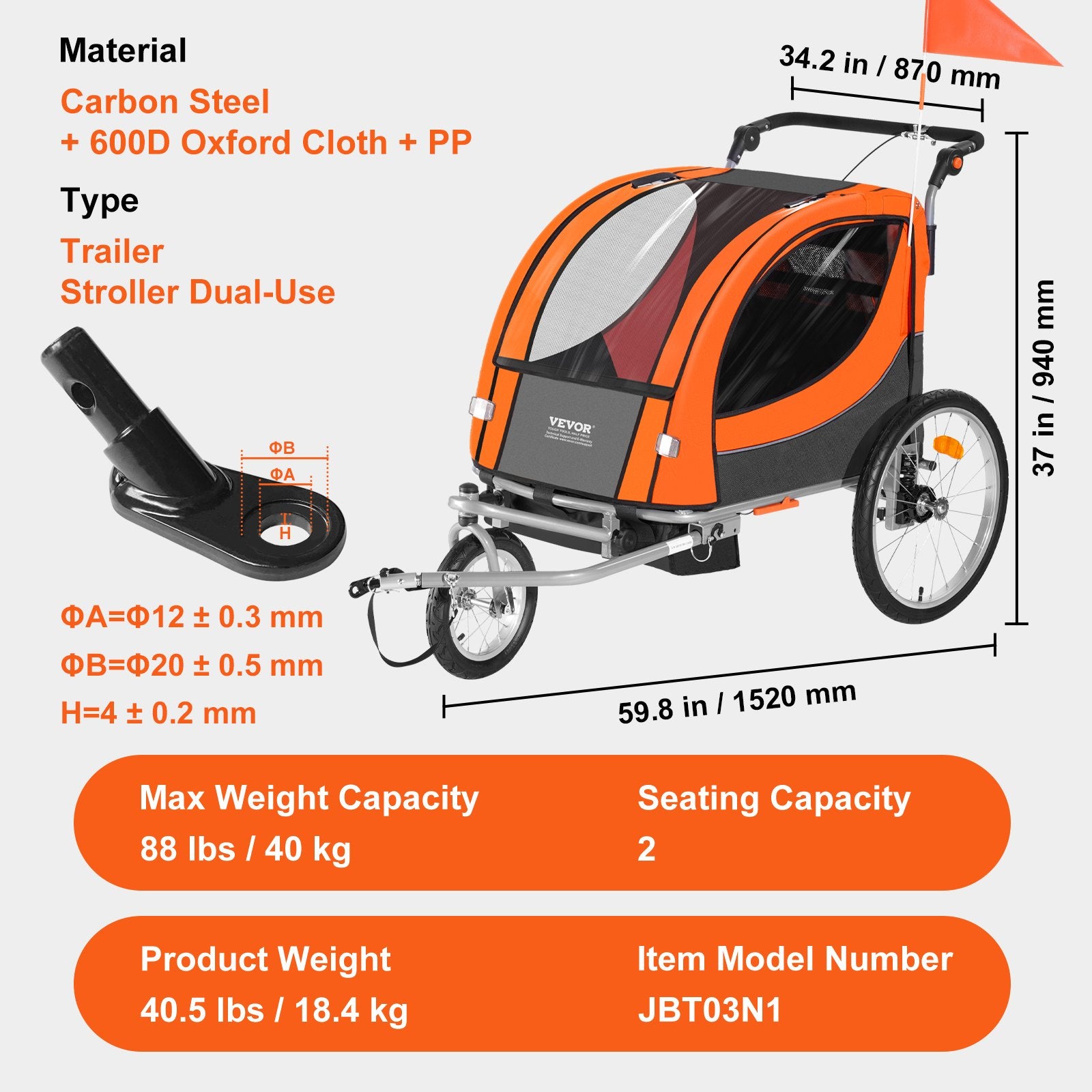 Bicycle Stands & Storage: VEVOR Bike Trailer for Toddlers, Kids, Double Seat, 40 kg Load, 2-In-1 Canopy Carrier Converts to Stroller, Tow Behind Foldable Child Bicycle Trailer with Universal Bicycle Coupler, Orange and Gray