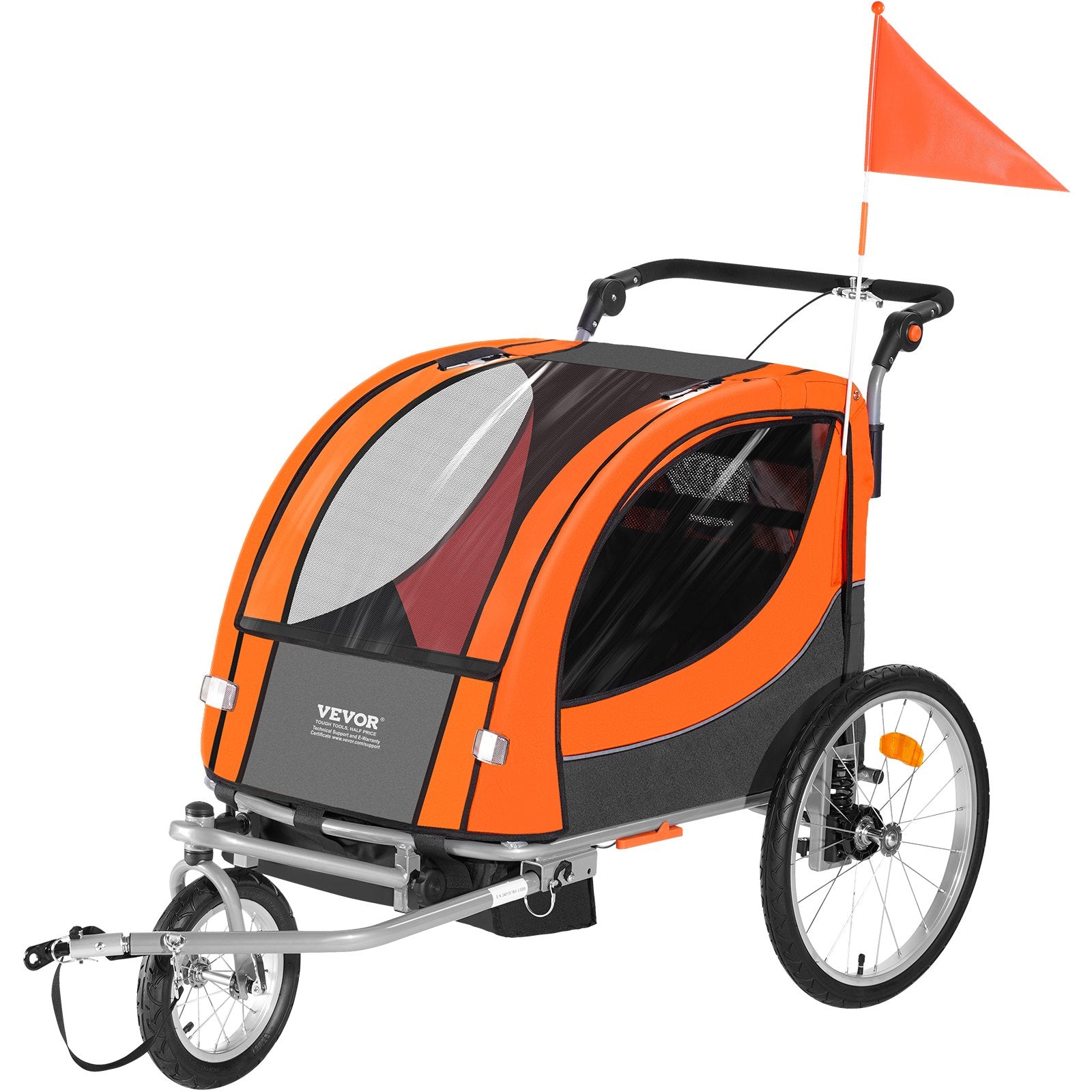 Bicycle Stands & Storage: VEVOR Bike Trailer for Toddlers, Kids, Double Seat, 40 kg Load, 2-In-1 Canopy Carrier Converts to Stroller, Tow Behind Foldable Child Bicycle Trailer with Universal Bicycle Coupler, Orange and Gray