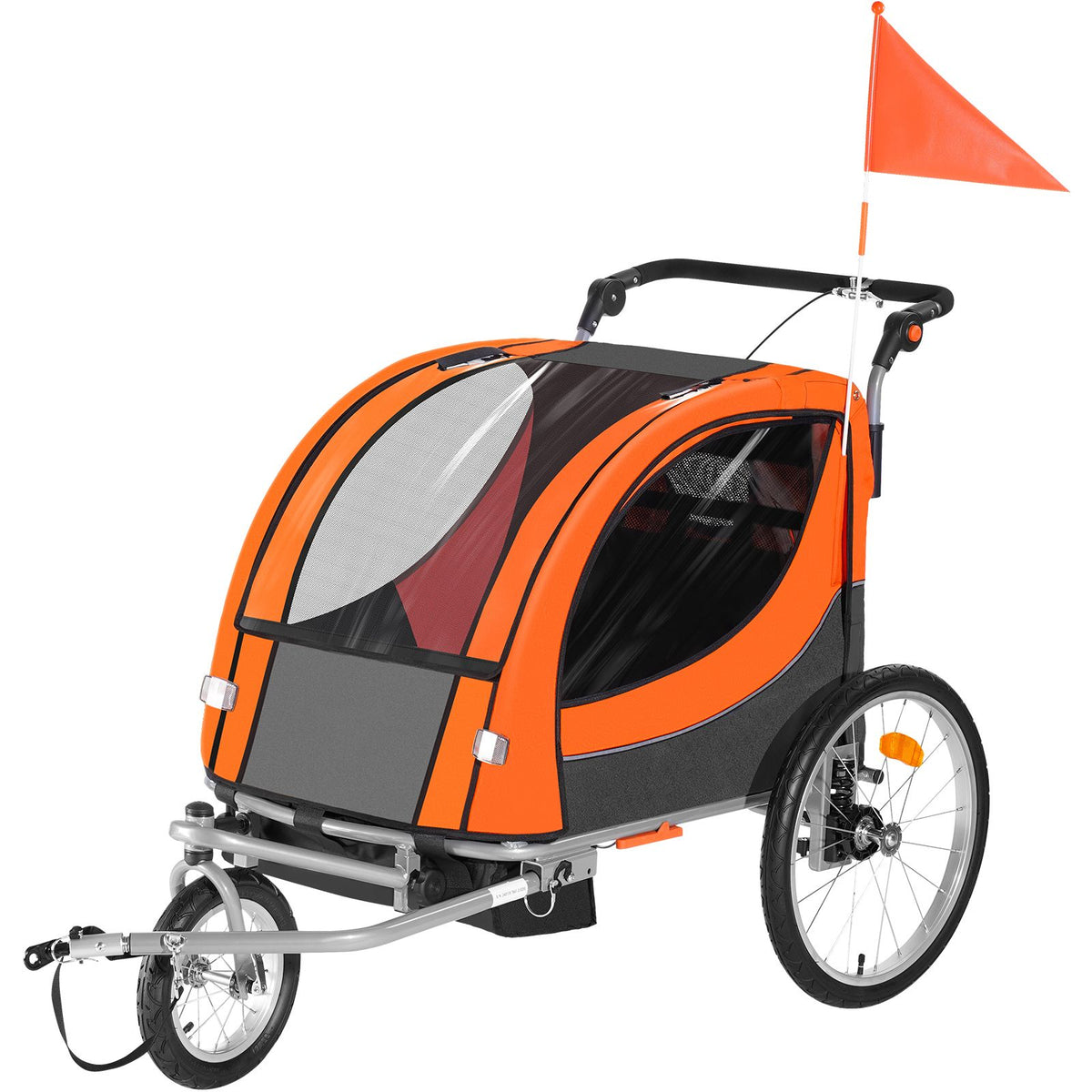 Bike Trailer for Toddlers, Kids, Double Seat, 45 kg Load, 2-In-1 Canopy Carrier Converts to Stroller, Tow Behind Foldable Child Bicycle Trailer with Universal Bicycle Coupler, Orange and Gray