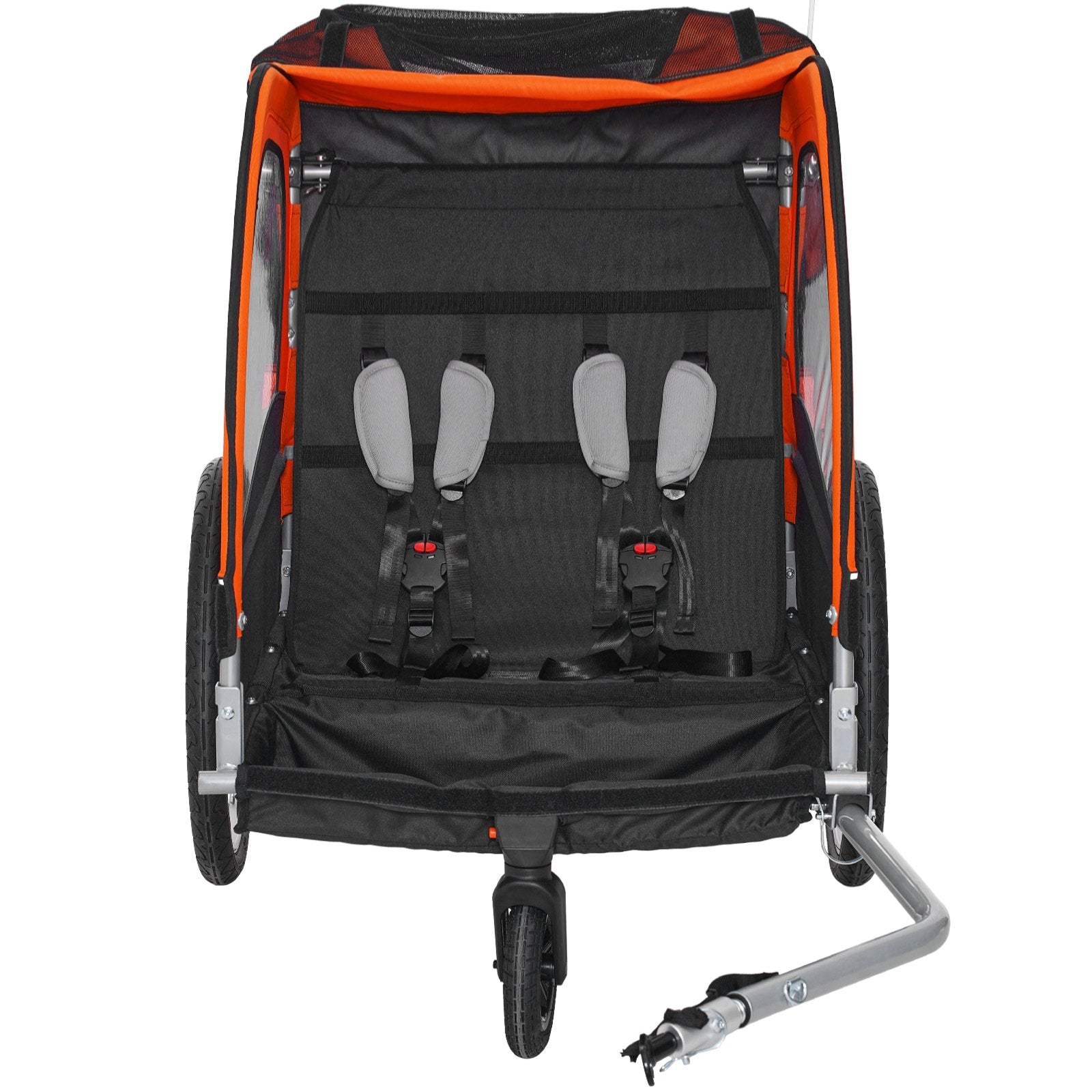 Bicycle Stands & Storage: VEVOR Bike Trailer for Toddlers, Kids, Double Seat, 45 kg Load, 2-In-1 Canopy Carrier Converts to Stroller, Tow Behind Foldable Child Bicycle Trailer with Universal Bicycle Coupler, Orange and Gray