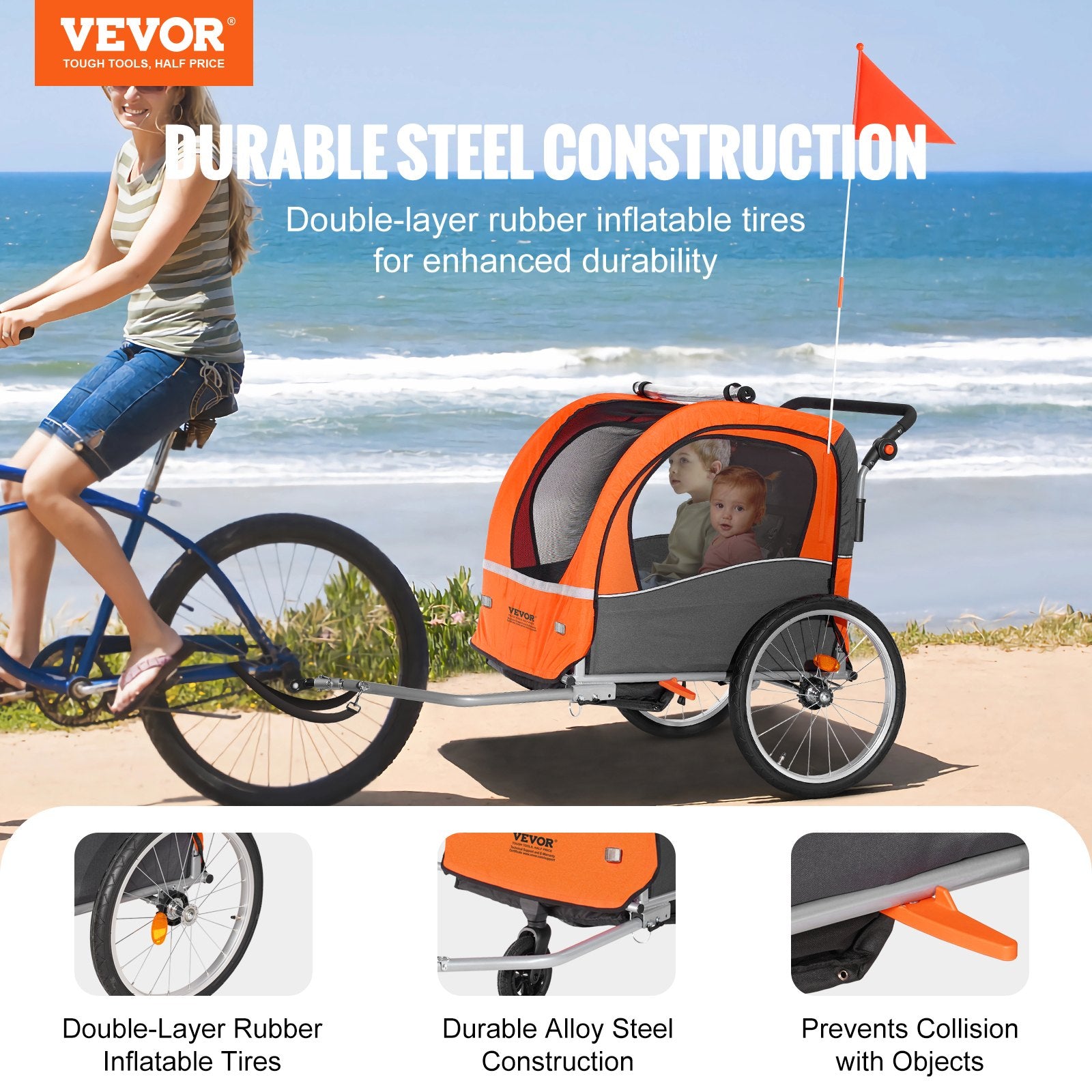 Bicycle Stands & Storage: VEVOR Bike Trailer for Toddlers, Kids, Double Seat, 45 kg Load, 2-In-1 Canopy Carrier Converts to Stroller, Tow Behind Foldable Child Bicycle Trailer with Universal Bicycle Coupler, Orange and Gray