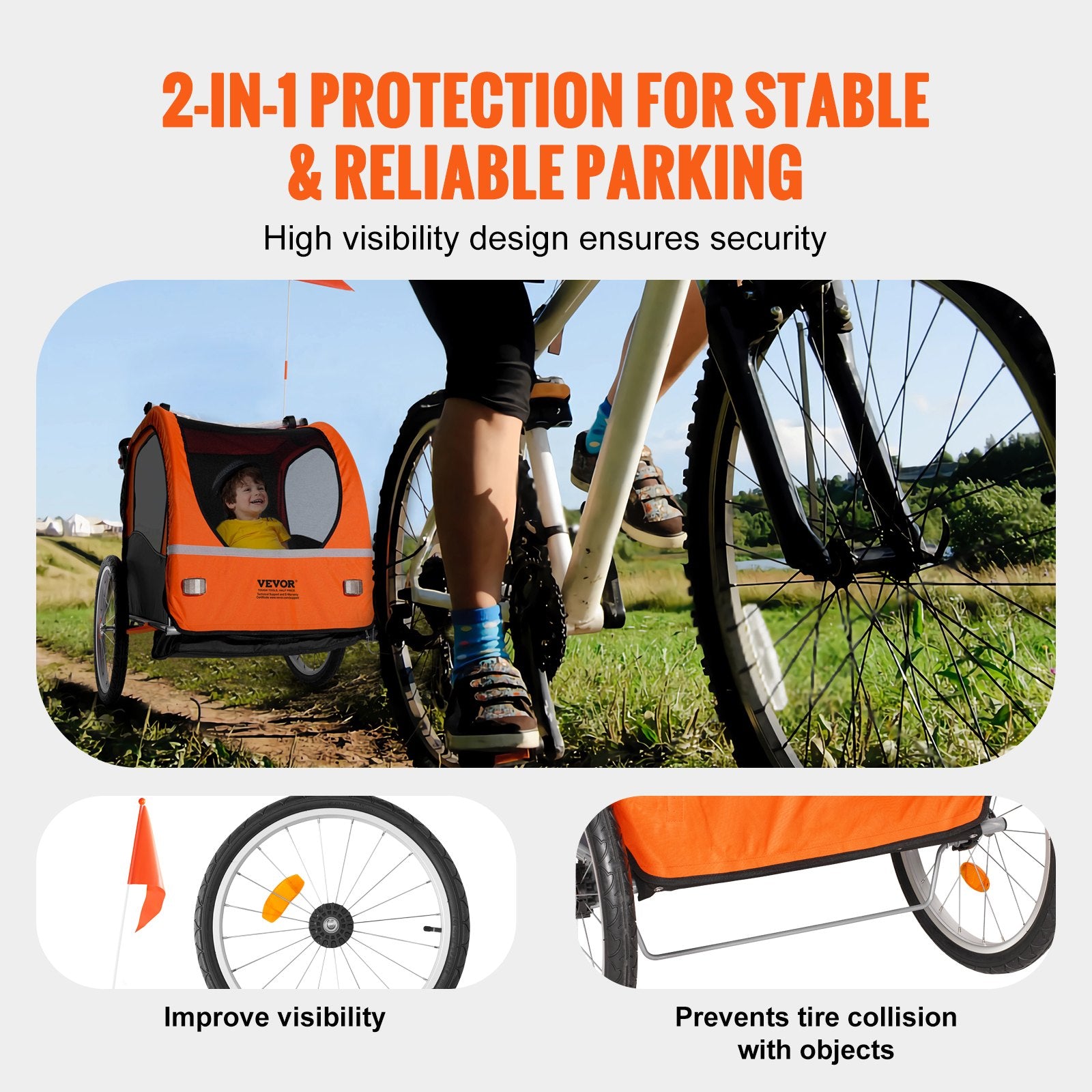 Bicycle Stands & Storage: VEVOR Bike Trailer for Toddlers, Kids, Double Seat, 45 kg Load, 2-In-1 Canopy Carrier Converts to Stroller, Tow Behind Foldable Child Bicycle Trailer with Universal Bicycle Coupler, Orange and Gray