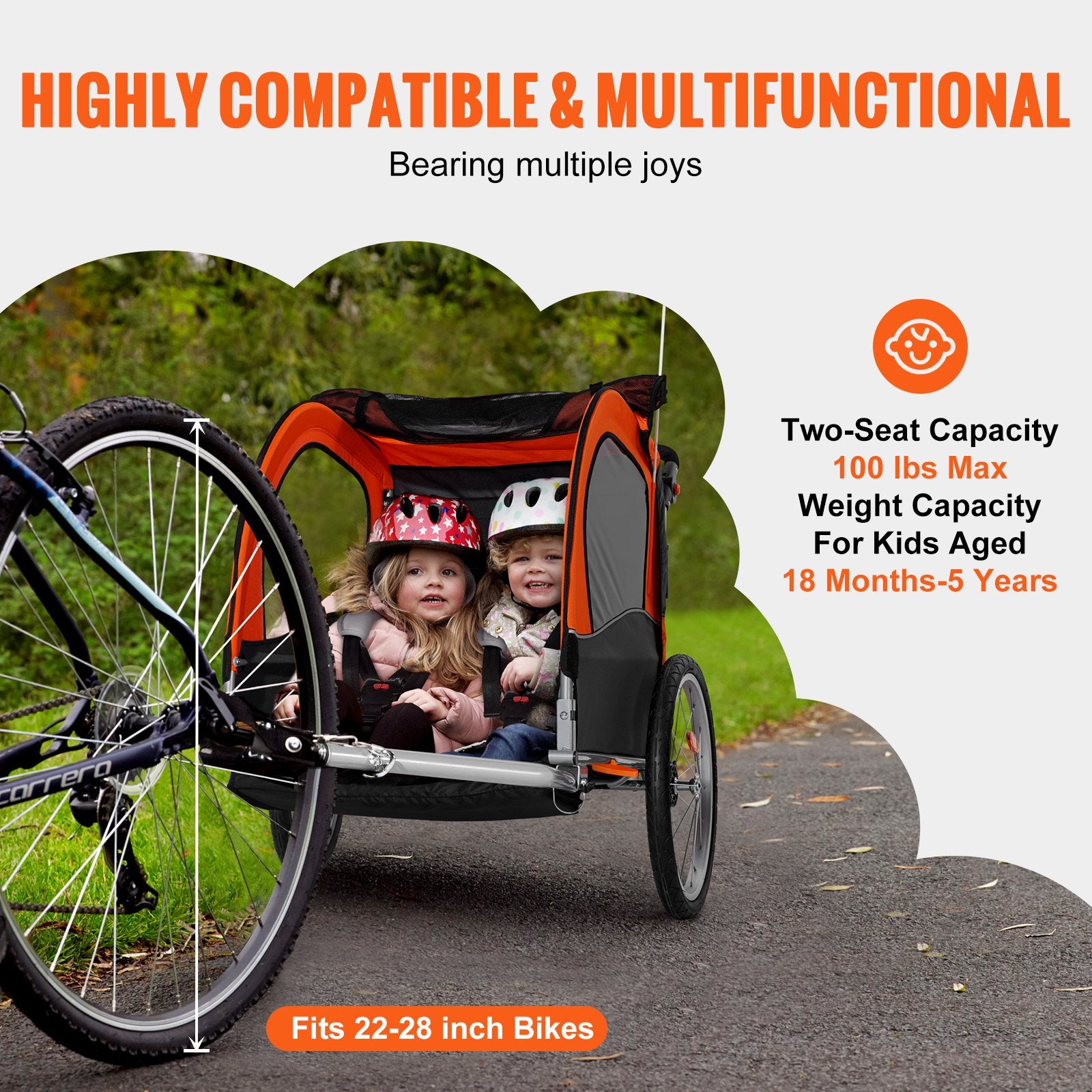 Bicycle Stands & Storage: VEVOR Bike Trailer for Toddlers, Kids, Double Seat, 45 kg Load, 2-In-1 Canopy Carrier Converts to Stroller, Tow Behind Foldable Child Bicycle Trailer with Universal Bicycle Coupler, Orange and Gray
