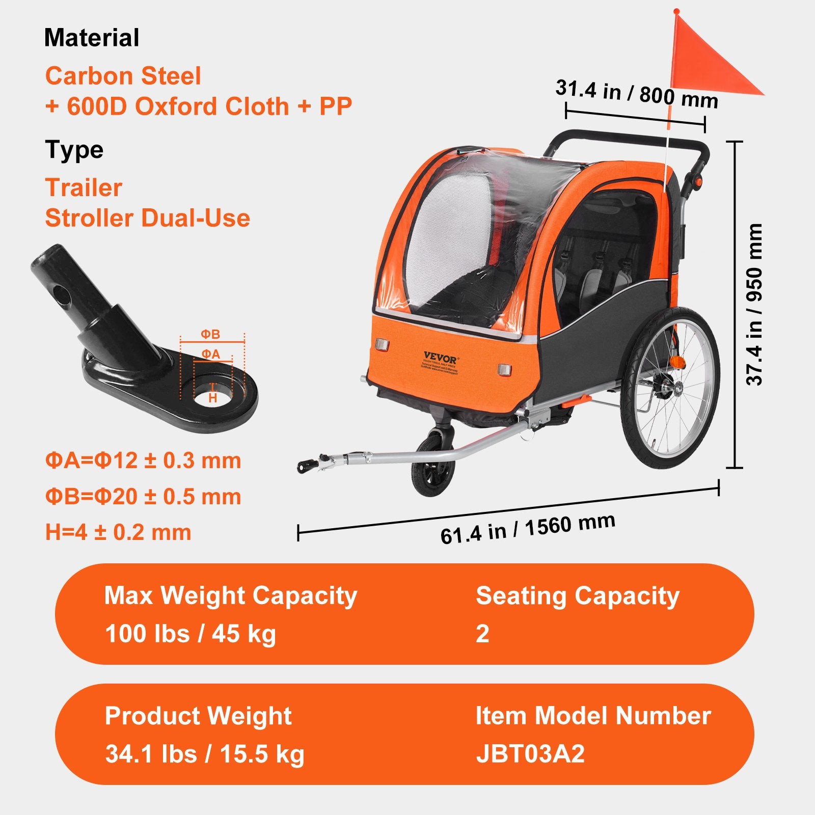 Bicycle Stands & Storage: VEVOR Bike Trailer for Toddlers, Kids, Double Seat, 45 kg Load, 2-In-1 Canopy Carrier Converts to Stroller, Tow Behind Foldable Child Bicycle Trailer with Universal Bicycle Coupler, Orange and Gray