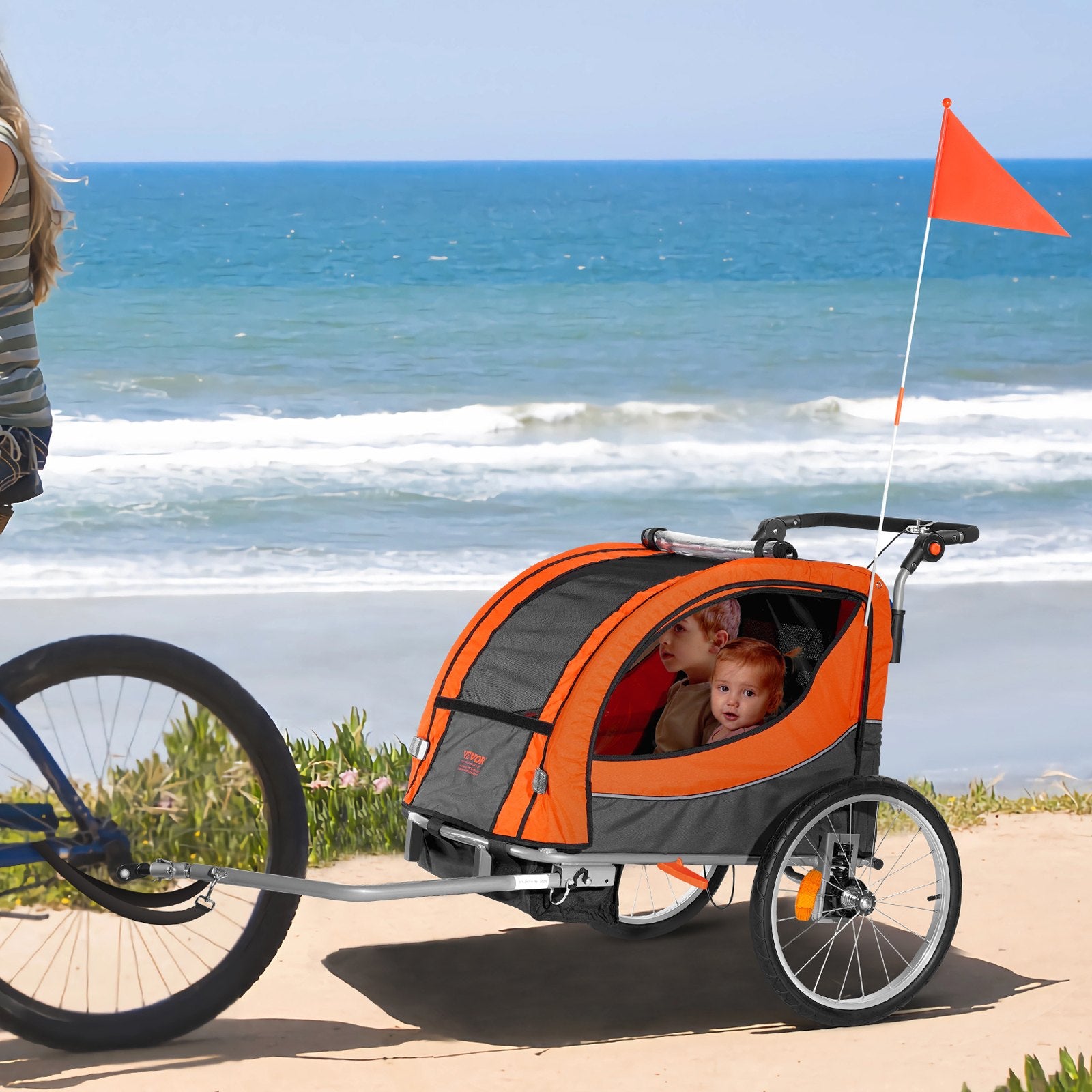 Bicycle Stands & Storage: VEVOR Bike Trailer for Toddlers, Kids, Double Seat, 45 kg Load, 2-In-1 Canopy Carrier Converts to Stroller, Tow Behind Foldable Child Bicycle Trailer with Universal Bicycle Coupler, Orange and Gray