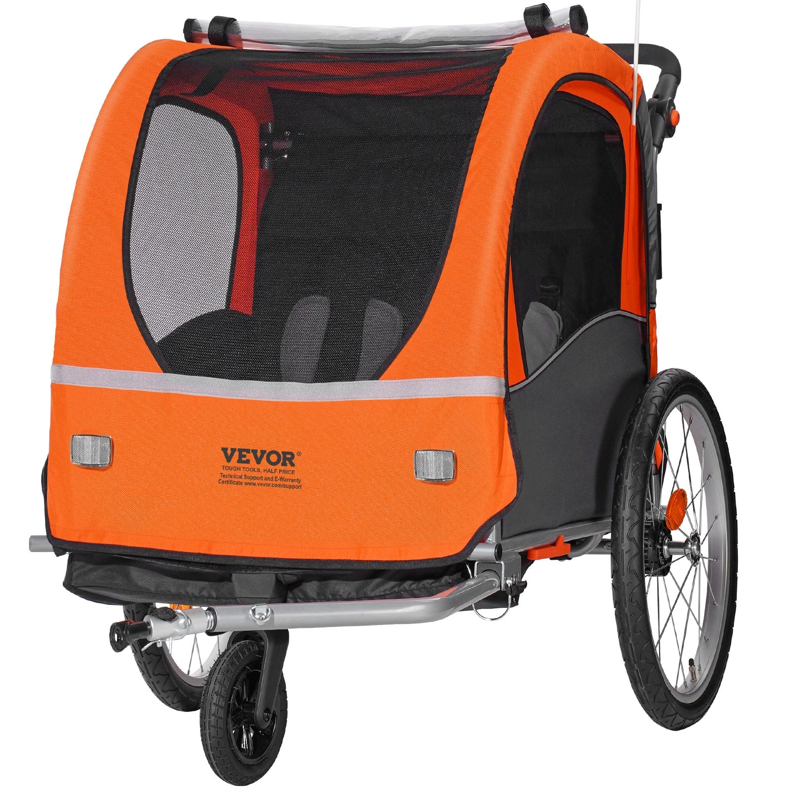 Bicycle Stands & Storage: VEVOR Bike Trailer for Toddlers, Kids, Double Seat, 45 kg Load, 2-In-1 Canopy Carrier Converts to Stroller, Tow Behind Foldable Child Bicycle Trailer with Universal Bicycle Coupler, Orange and Gray