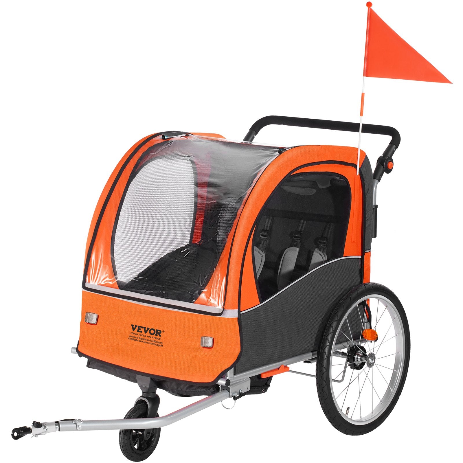 Bicycle Stands & Storage: VEVOR Bike Trailer for Toddlers, Kids, Double Seat, 45 kg Load, 2-In-1 Canopy Carrier Converts to Stroller, Tow Behind Foldable Child Bicycle Trailer with Universal Bicycle Coupler, Orange and Gray