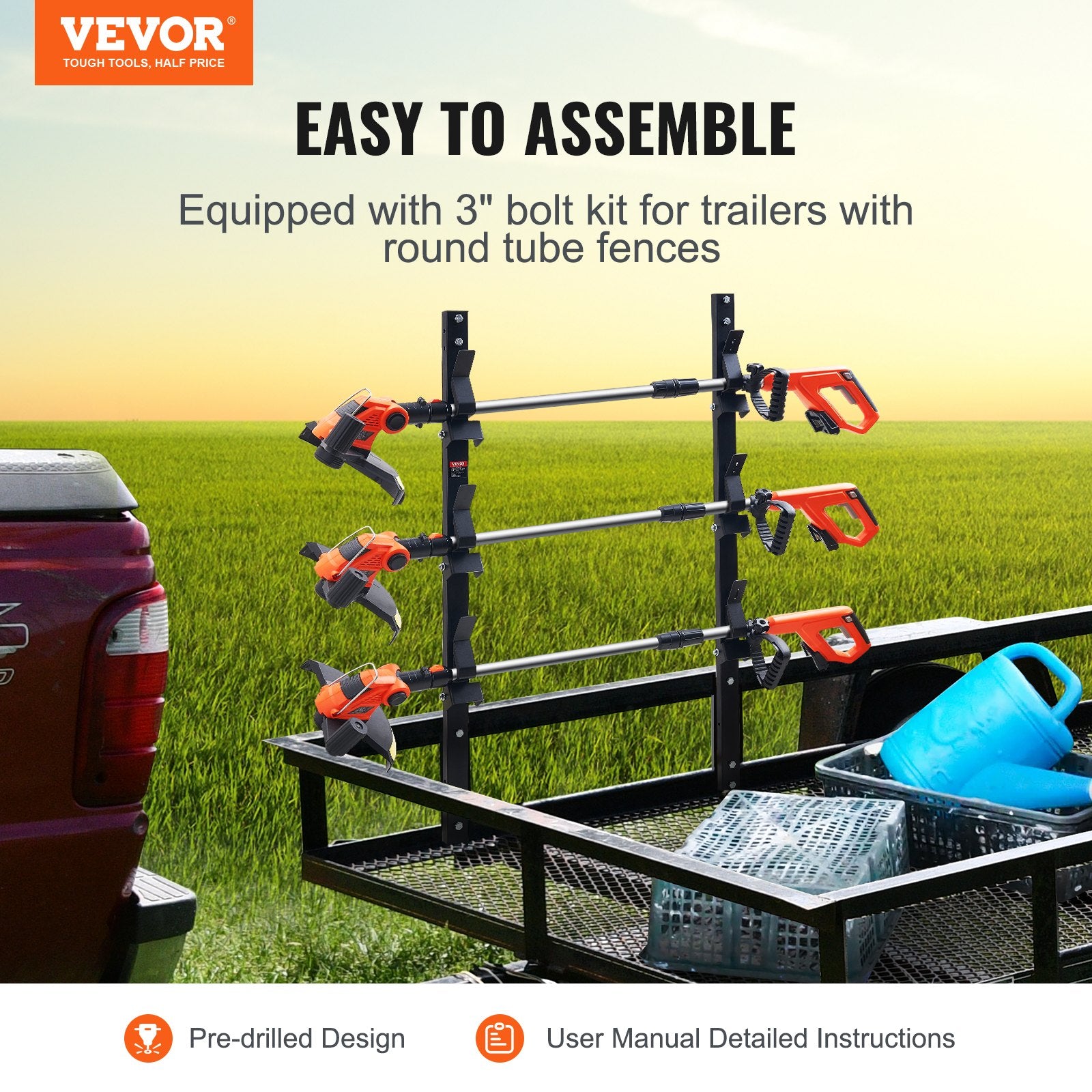 Bicycle Stands & Storage: VEVOR 3-Place Weeder Trimmer Rack Holder for Open Landscape Trailer Lockable