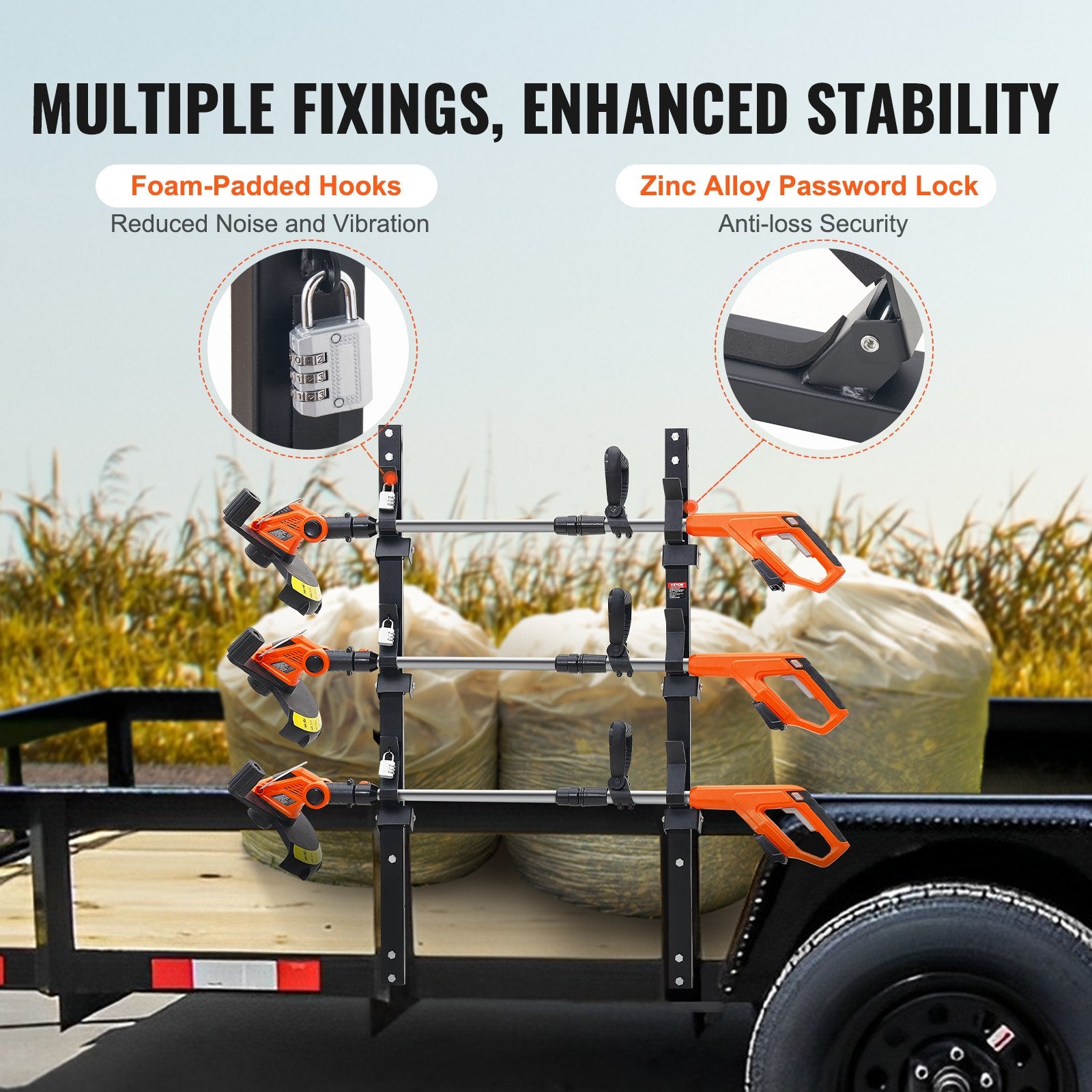 Bicycle Stands & Storage: VEVOR 3-Place Weeder Trimmer Rack Holder for Open Landscape Trailer Lockable