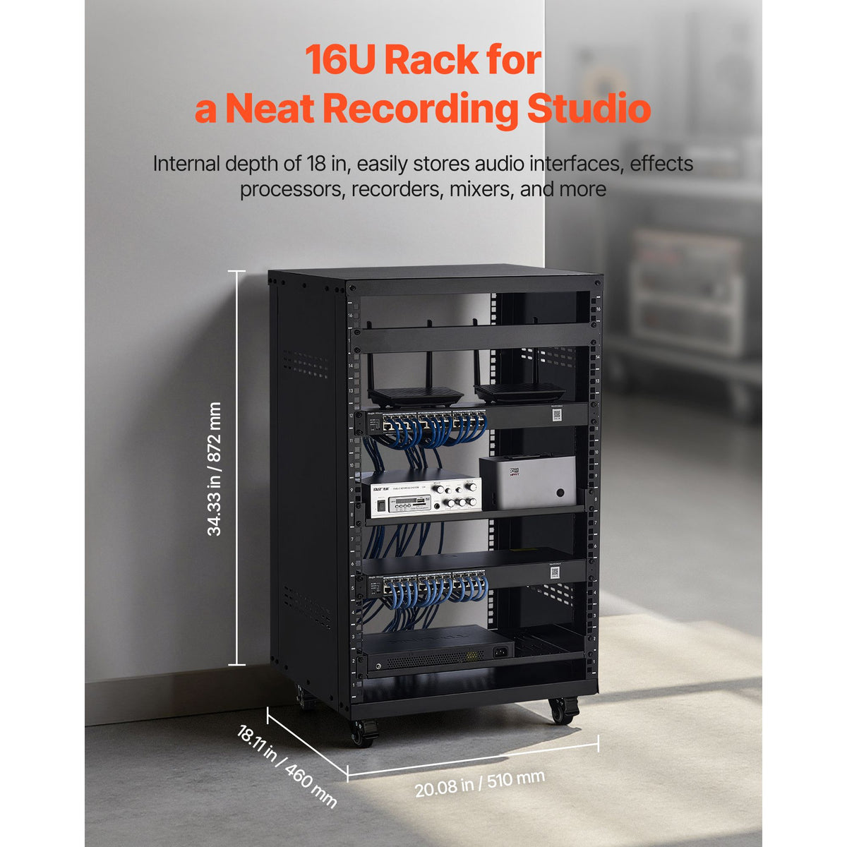 16U AV Rack, 90.7 kg Max Load Capacity, Home Recording Studio Rack with Lockable Caster Wheels, Open Frame Server Cabinet, Special Vent Design, for Audio Video Musical & IT Equipment Mounting