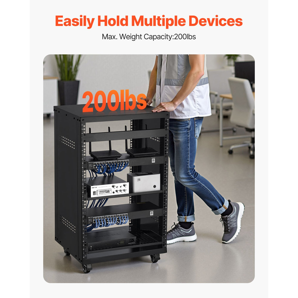 16U AV Rack, 90.7 kg Max Load Capacity, Home Recording Studio Rack with Lockable Caster Wheels, Open Frame Server Cabinet, Special Vent Design, for Audio Video Musical & IT Equipment Mounting