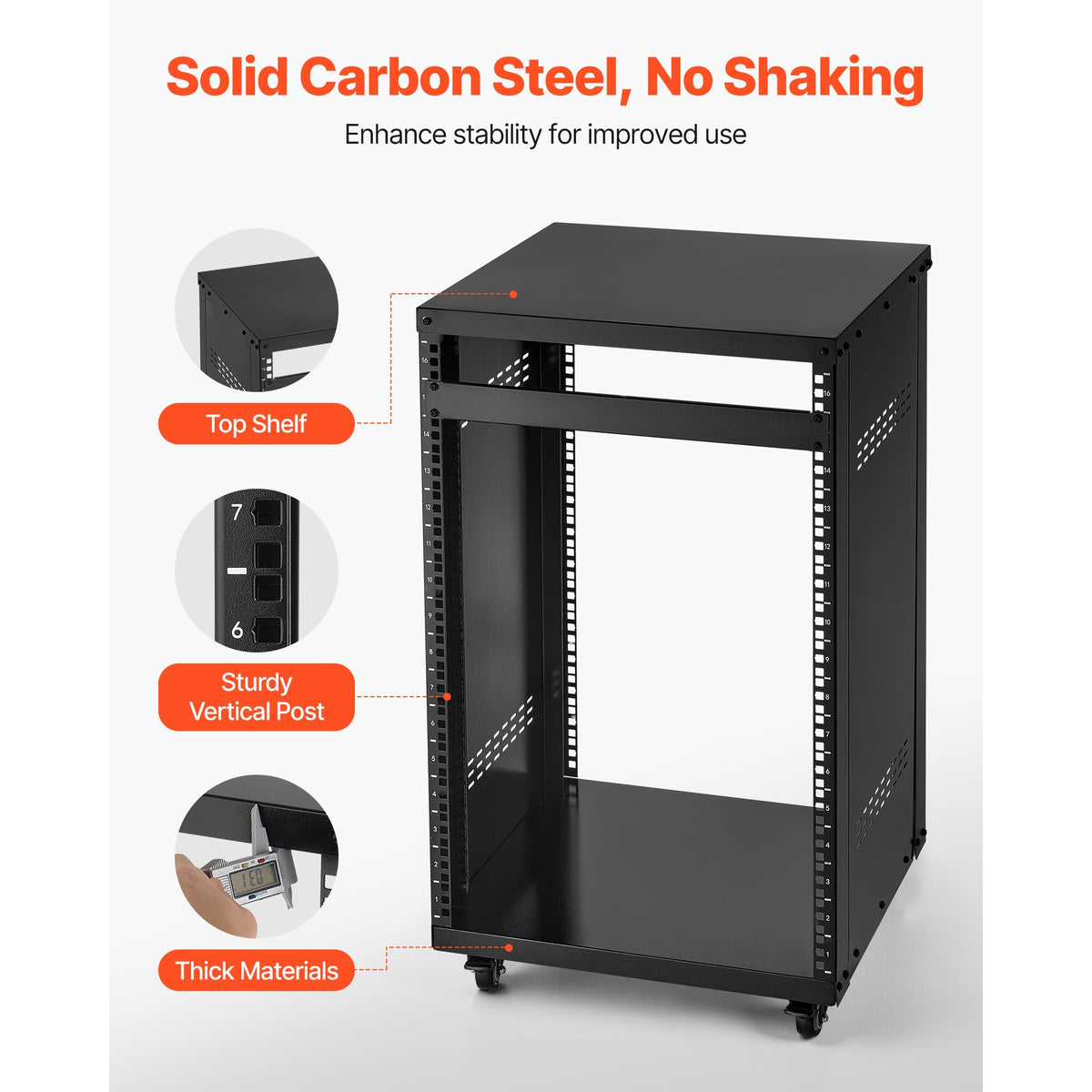 16U AV Rack, 90.7 kg Max Load Capacity, Home Recording Studio Rack with Lockable Caster Wheels, Open Frame Server Cabinet, Special Vent Design, for Audio Video Musical & IT Equipment Mounting