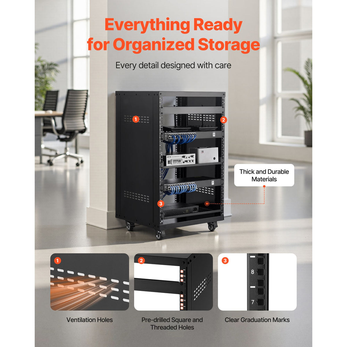 16U AV Rack, 90.7 kg Max Load Capacity, Home Recording Studio Rack with Lockable Caster Wheels, Open Frame Server Cabinet, Special Vent Design, for Audio Video Musical & IT Equipment Mounting