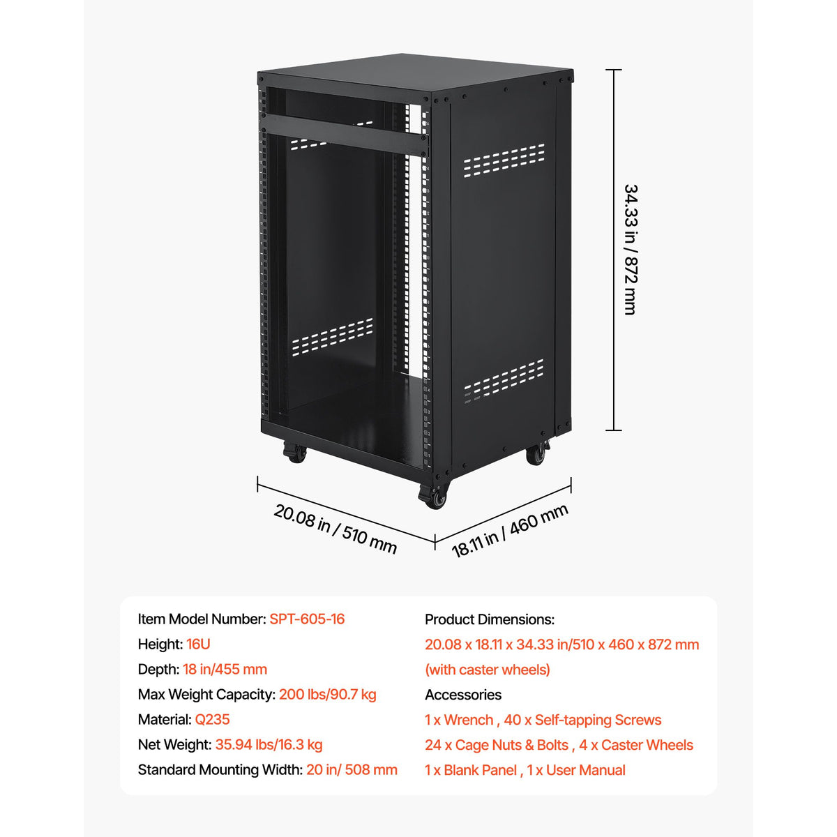 16U AV Rack, 90.7 kg Max Load Capacity, Home Recording Studio Rack with Lockable Caster Wheels, Open Frame Server Cabinet, Special Vent Design, for Audio Video Musical & IT Equipment Mounting